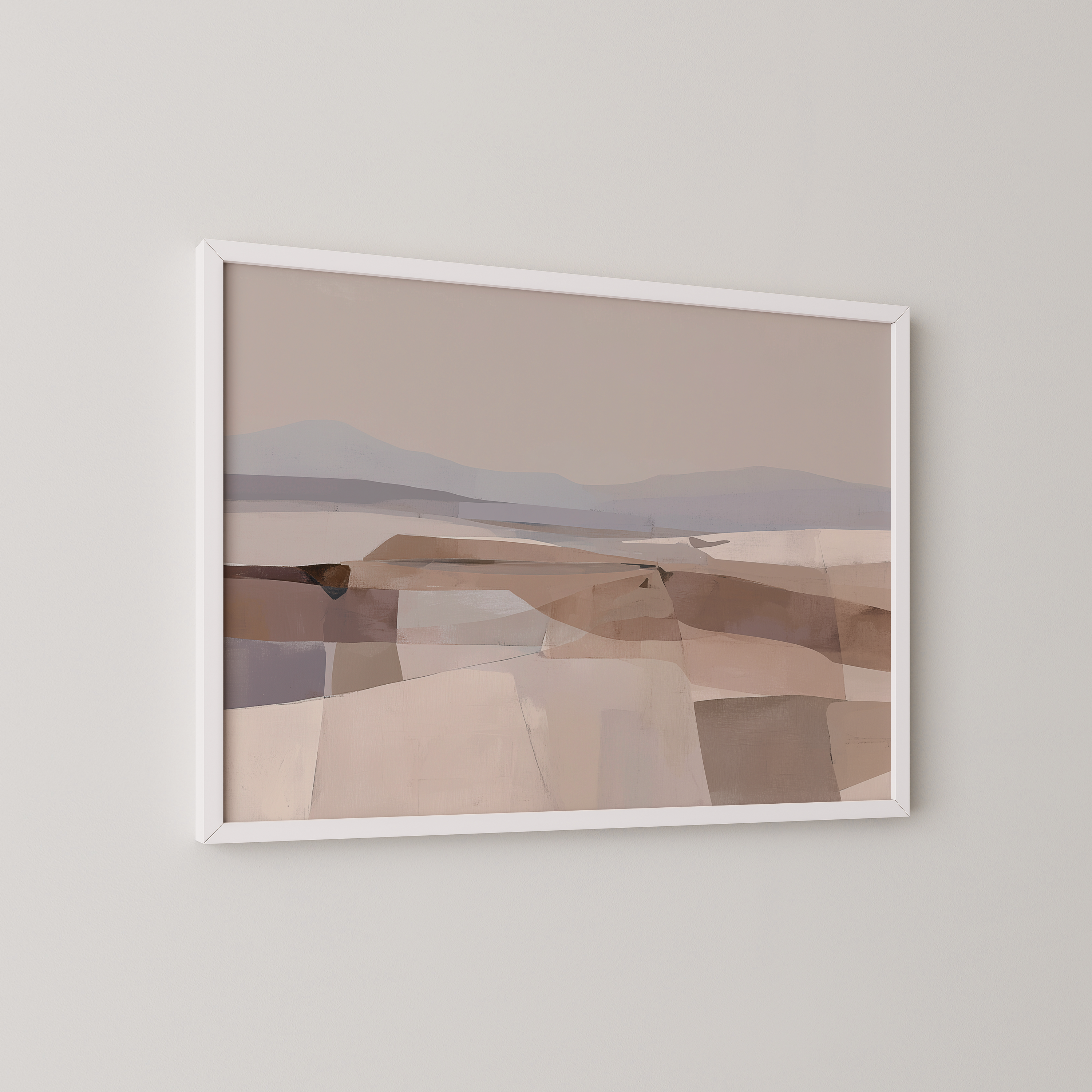 יצירת אמנות מופשטת-נופית בגווני חול, חום ואפור בהירים במסגרת עץ – Serava.