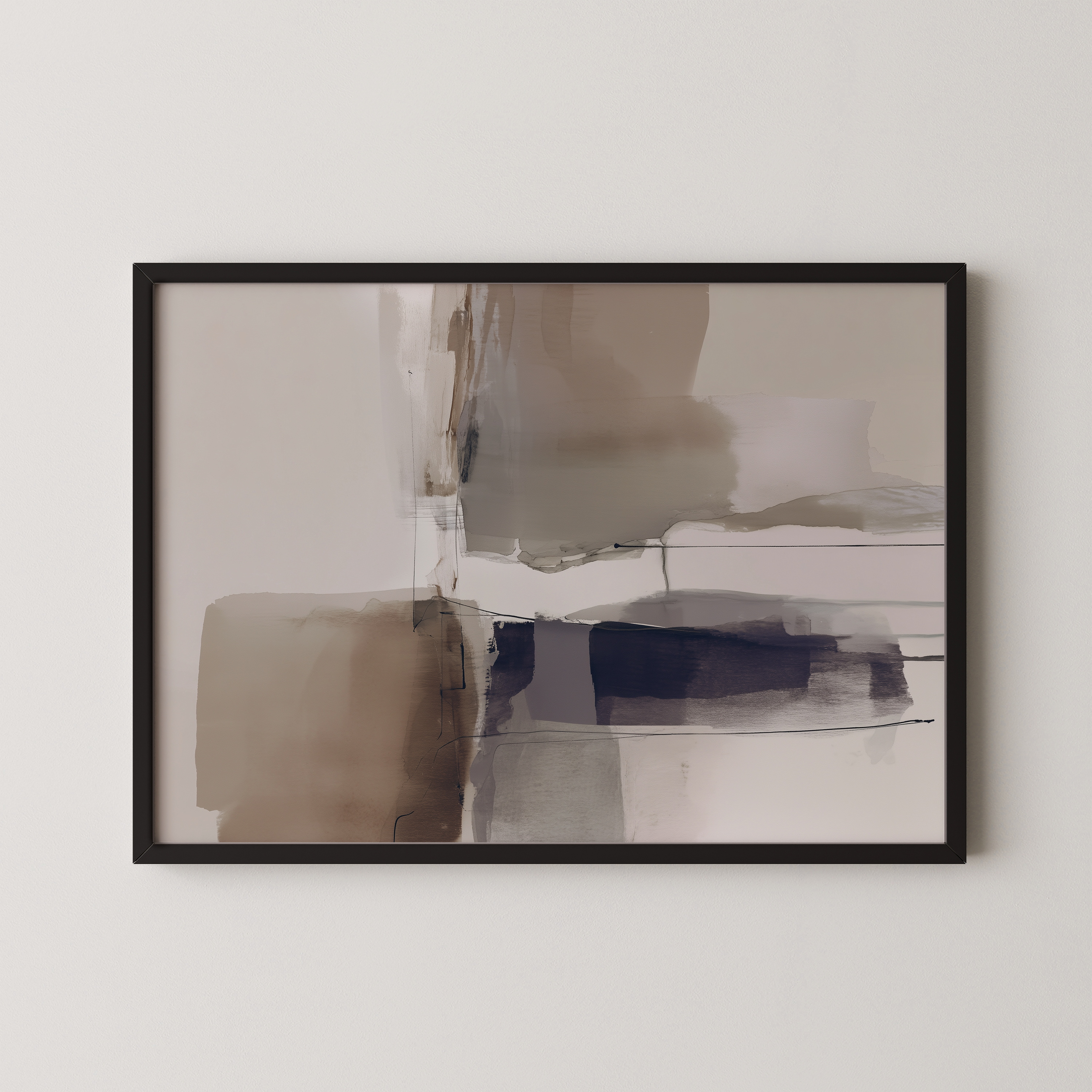 יצירה מופשטת במסגרת עץ טבעי בגווני חום, סגול ואבן – Talune מקולקציית טראוזי וטוש.