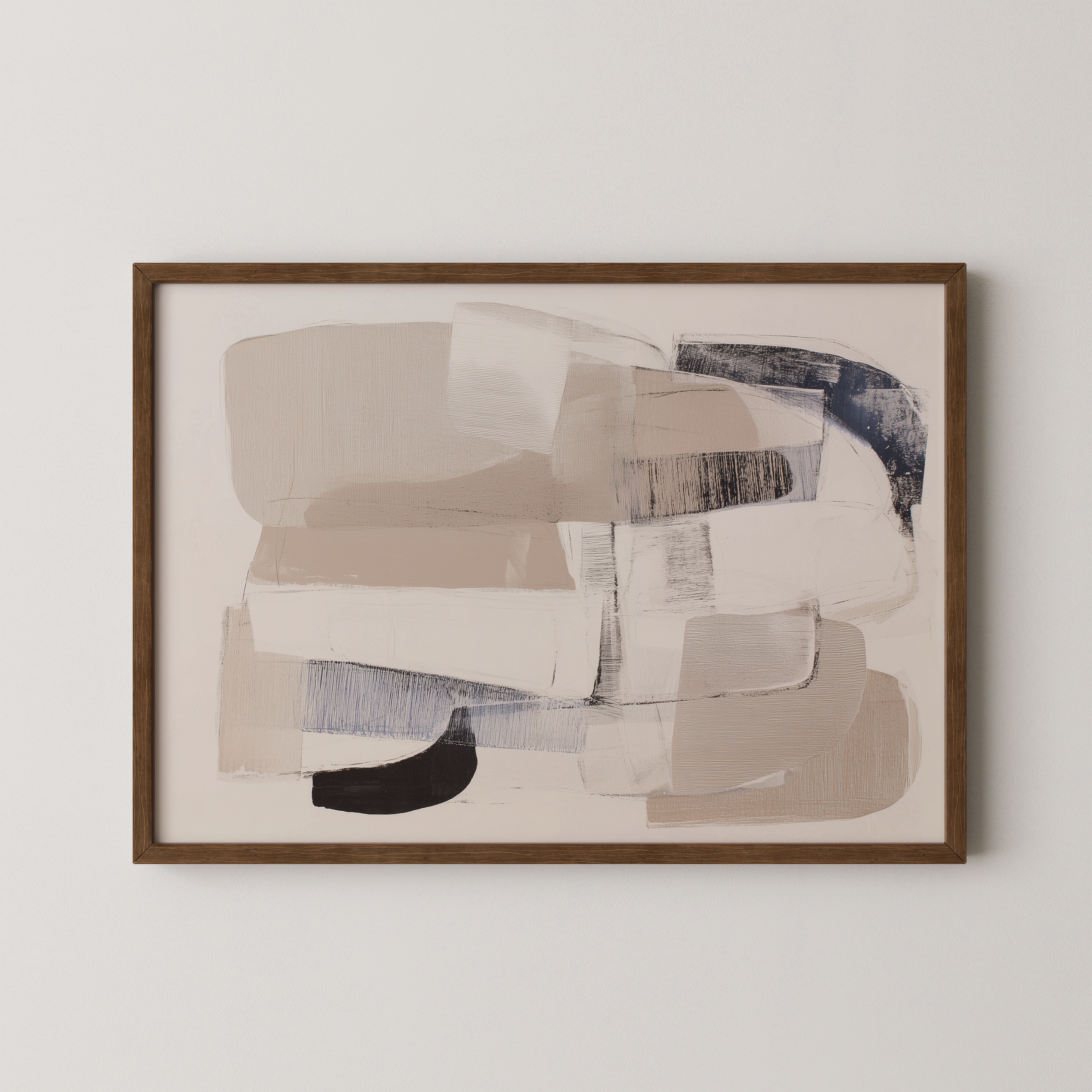 יצירת אמנות אבסטרקטית מינימליסטית בגוונים טבעיים עם שכבות רכות וטקסטורה עדינה במסגרת עץ בהירה