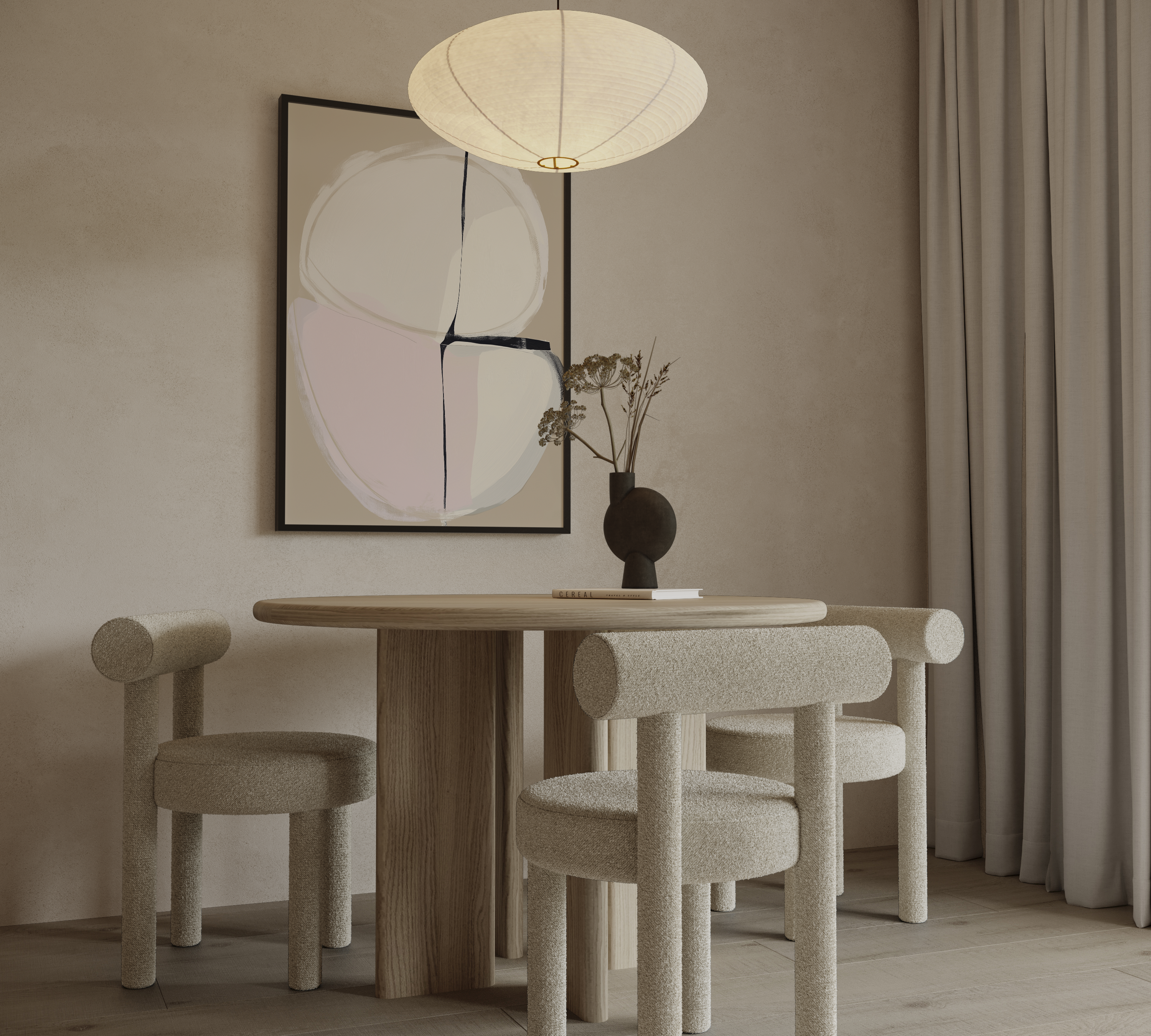 Tar יצירה מופשטת מינימליסטית בגווני חול, ורוד עדין ושחור במסגרת עץ בסגנון מודרני