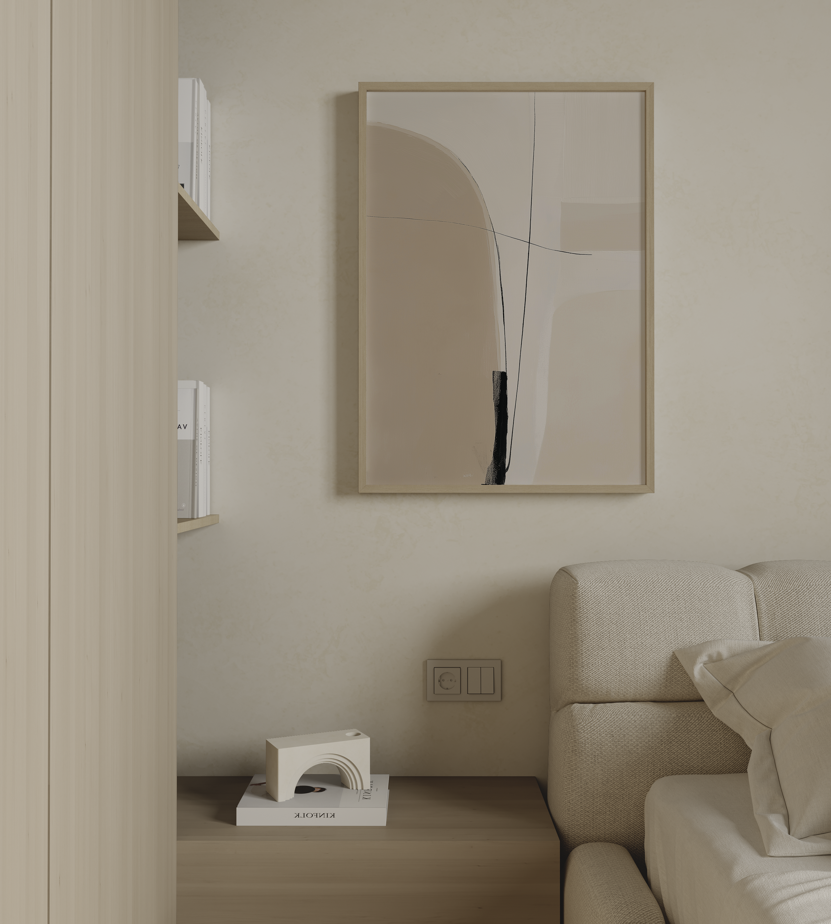 יצירת אמנות אבסטרקטית מינימליסטית בגוונים טבעיים במסגרת עץ בהירה