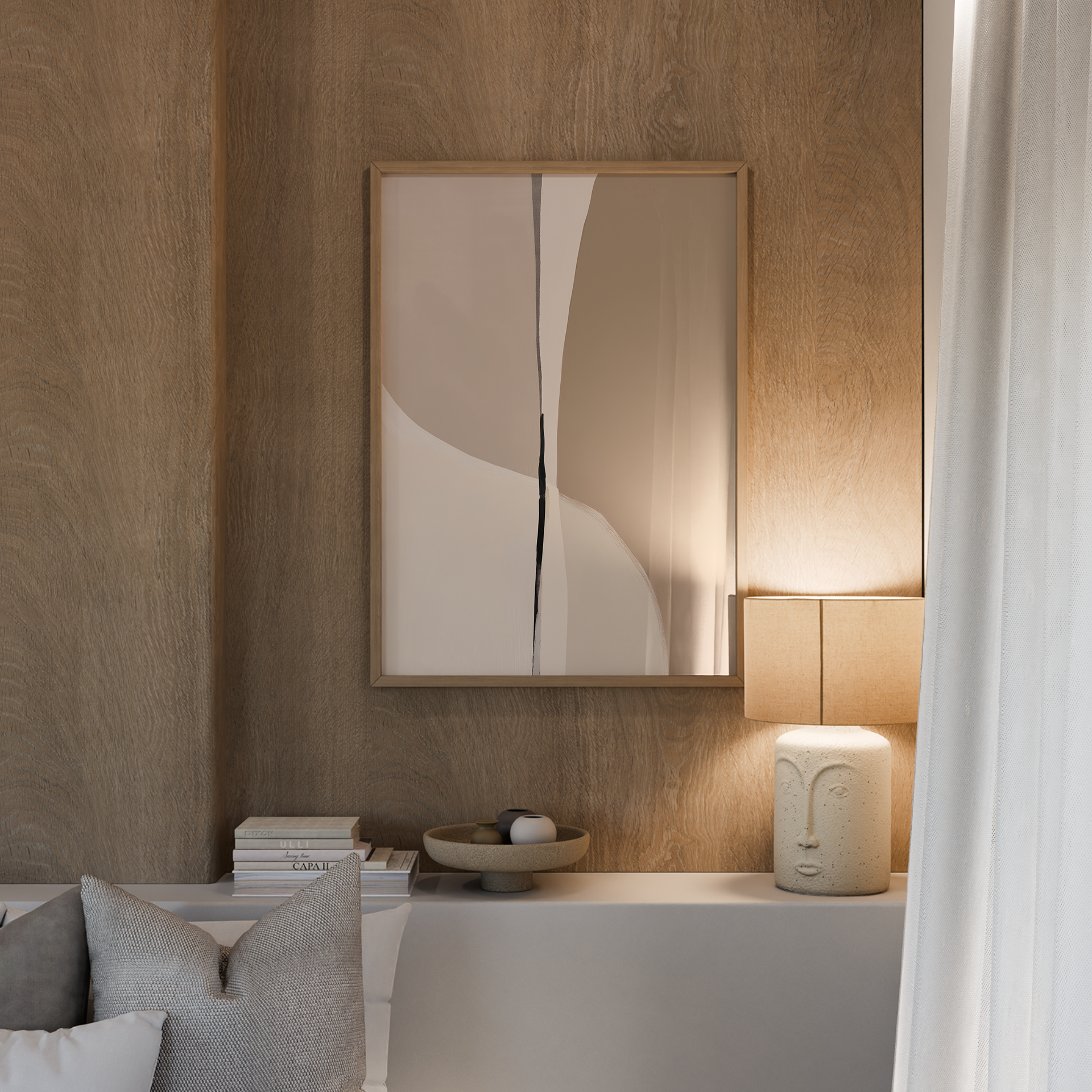 יצירת אמנות אבסטרקטית מינימליסטית בגוונים טבעיים עם קו אנכי עדין במסגרת עץ