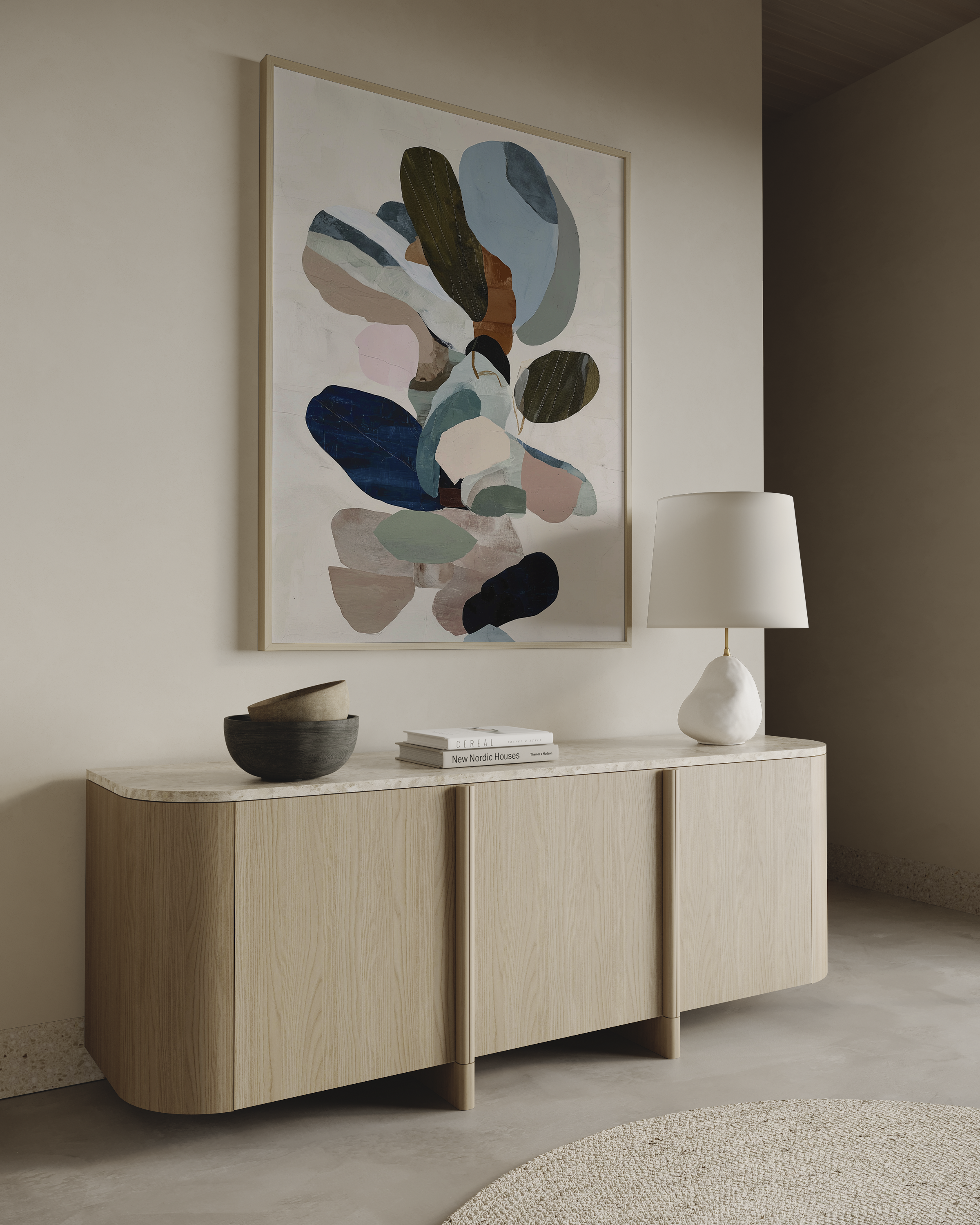 Marais abstract artwork in blue, green and beige tones styled in a warm minimalist living room