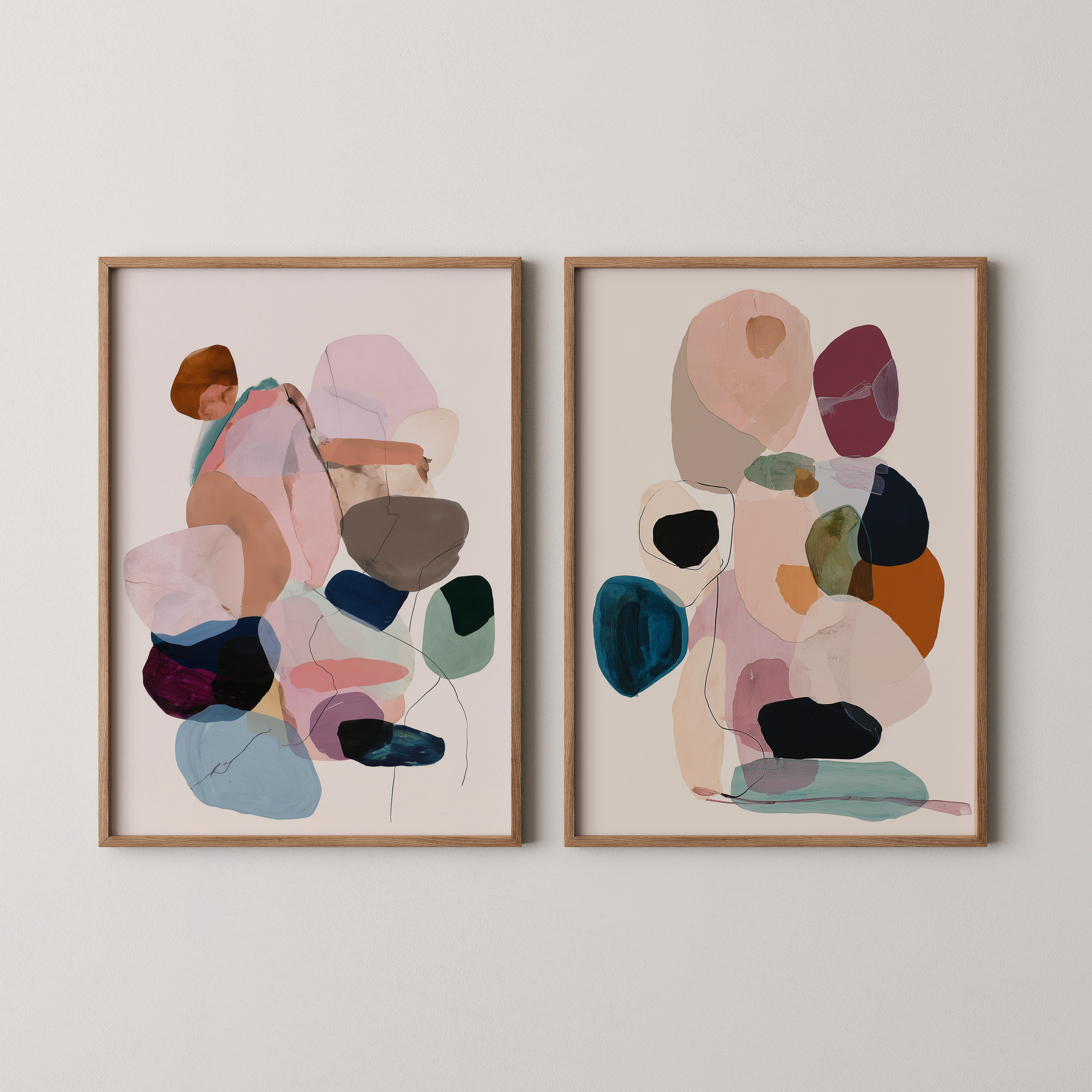 סט יצירות Calme – קומפוזיציה מופשטת בגוונים רכים ועמוקים