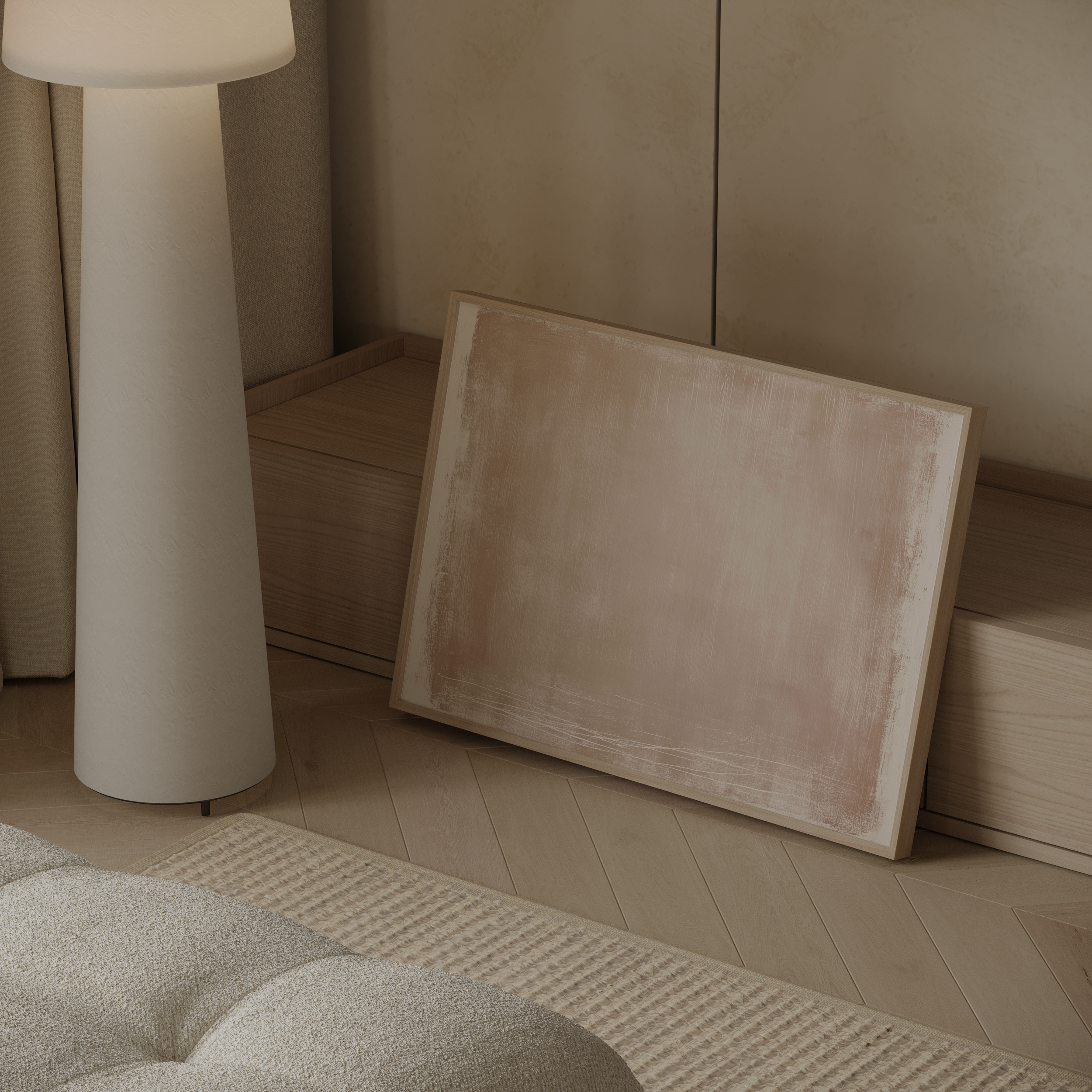 יצירת אמנות מינימליסטית בגווני אדמה חמים עם טקסטורה עדינה במסגרת עץ