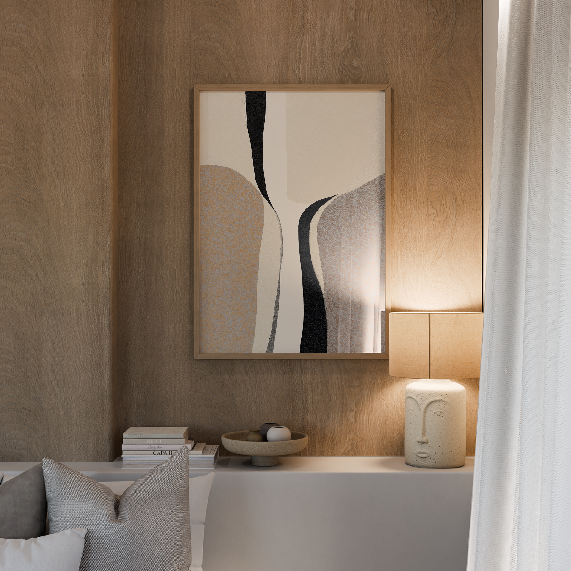 יצירת אמנות אבסטרקטית בגוונים טבעיים עם קווים שחורים זורמים במסגרת עץ