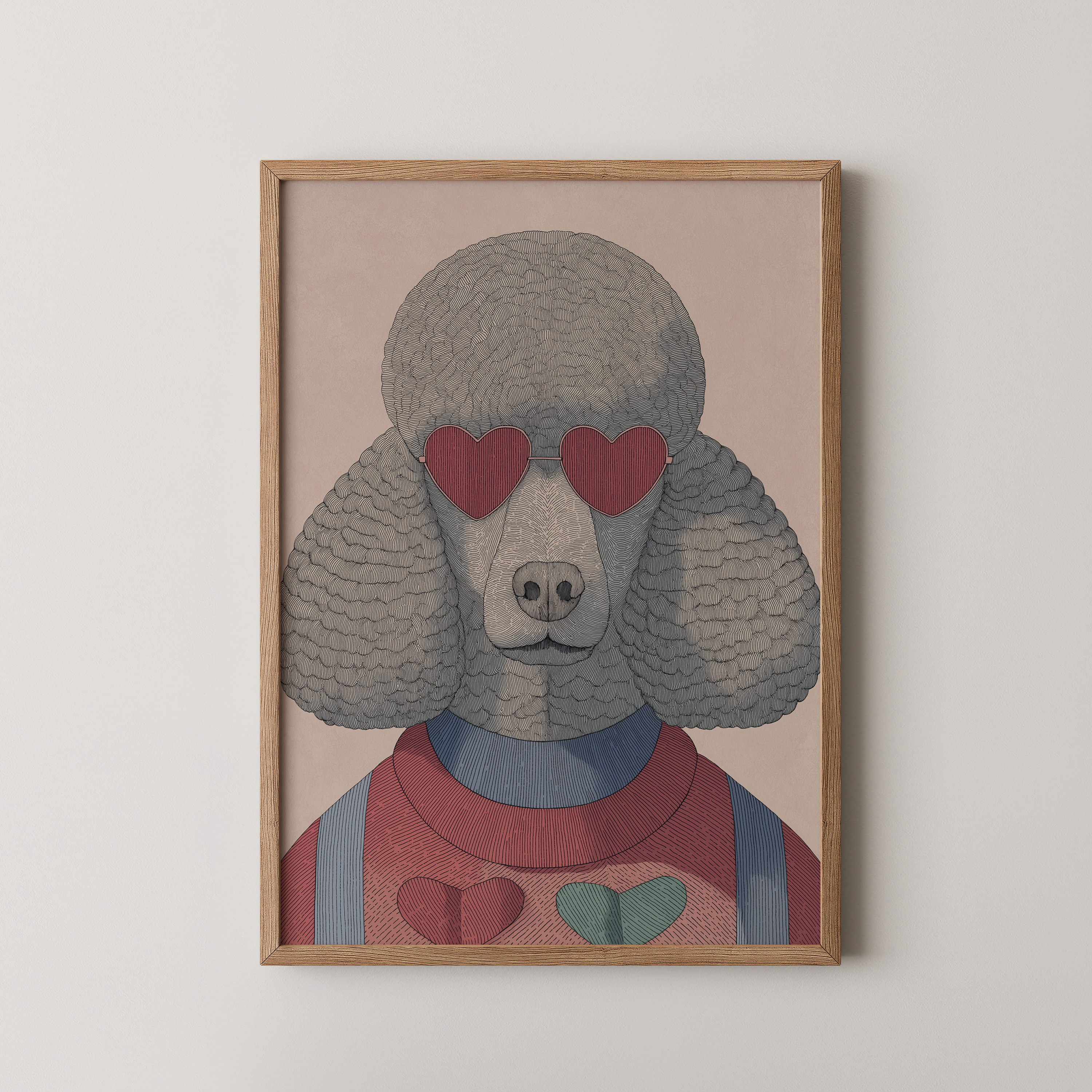 Belcour יצירה של פודל עם משקפי לב בסגנון איור מודרני, בגוונים רכים עם נגיעות אדום, ממוסגרת בסלון מינימליסטי