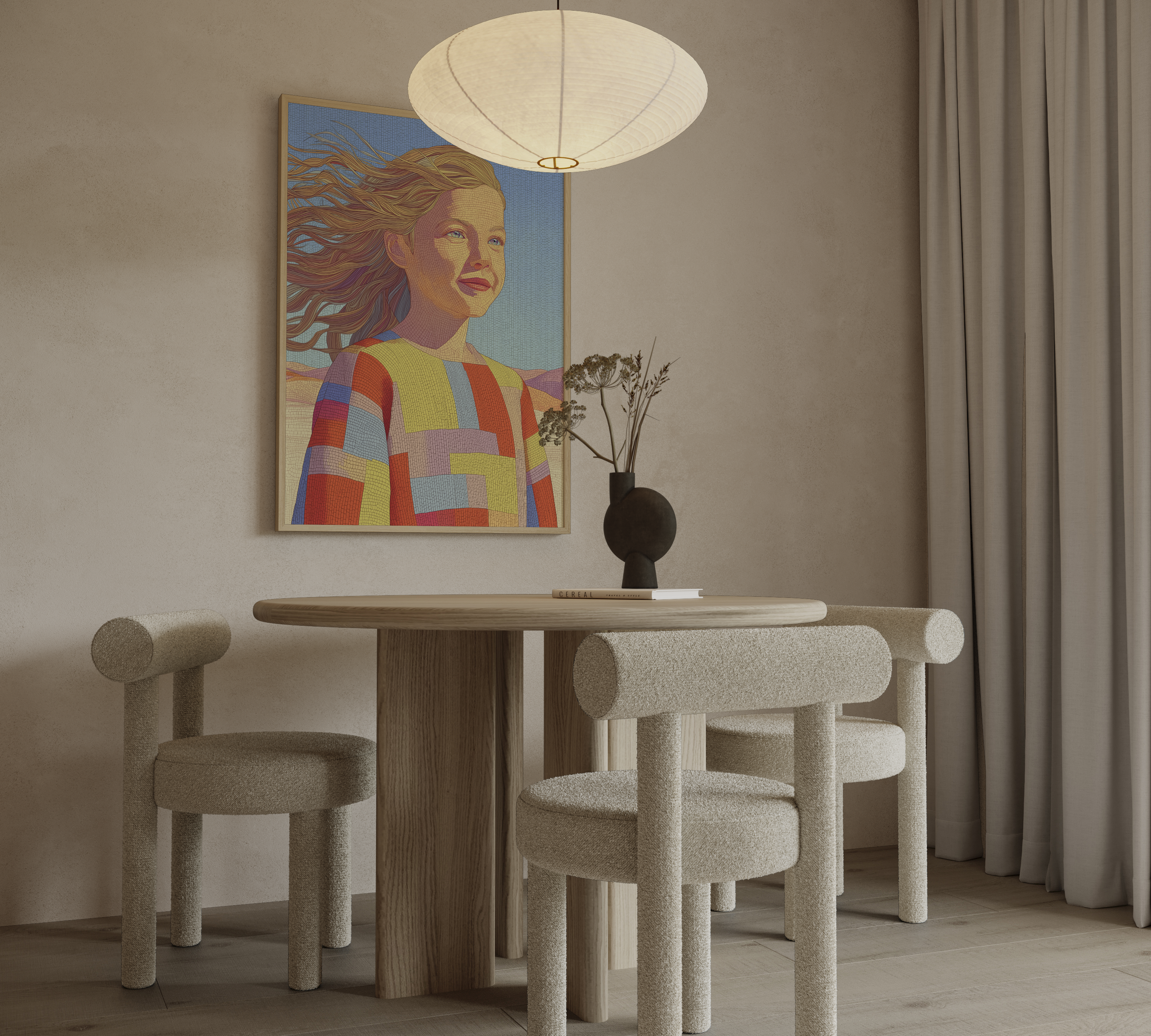 Zeya – דמות נשית בתנועה עם שיער מתעופף בפלטת צבעים חמה וסגנון פסיפס מודרני