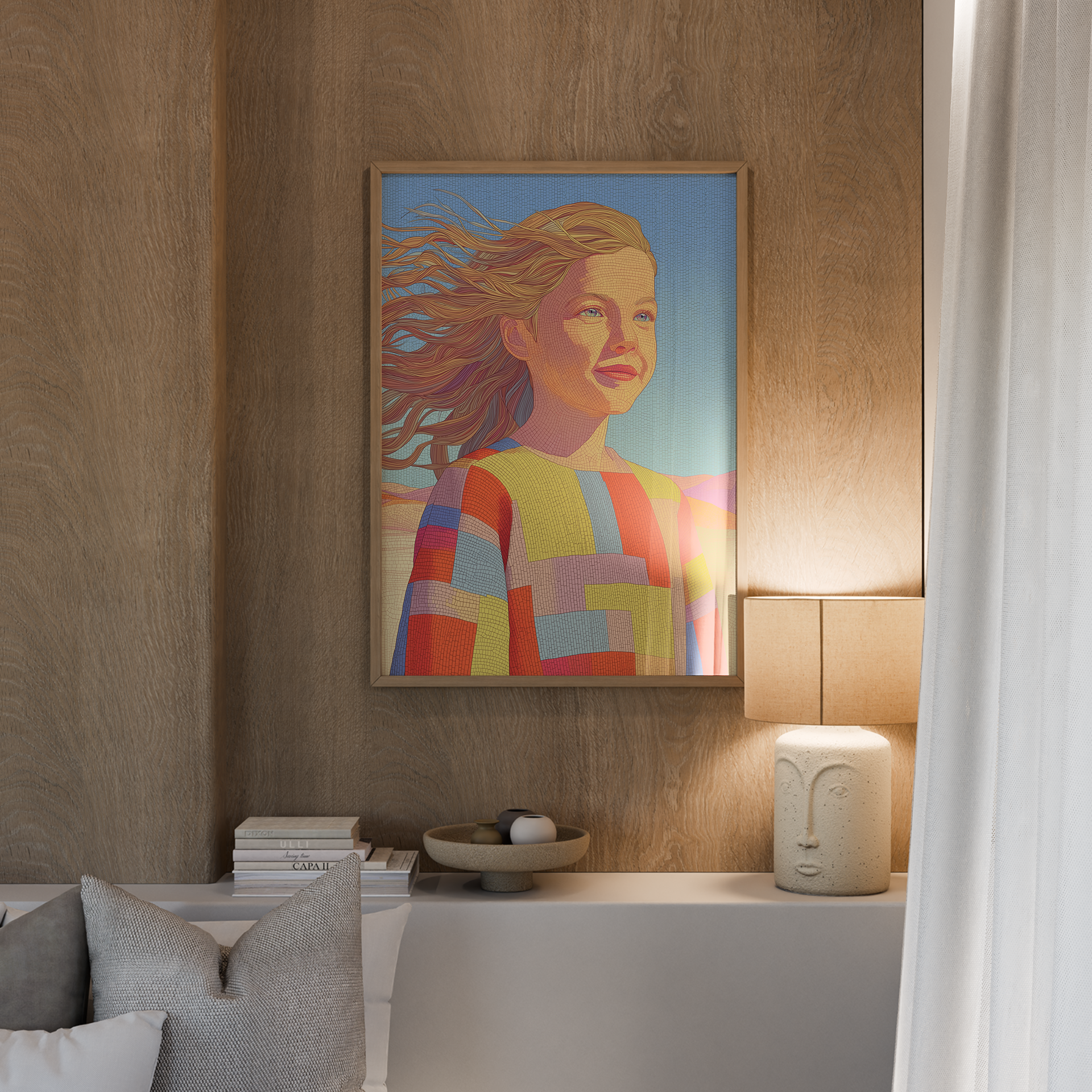 Zeya – דמות נשית בתנועה עם שיער מתעופף בפלטת צבעים חמה וסגנון פסיפס מודרני