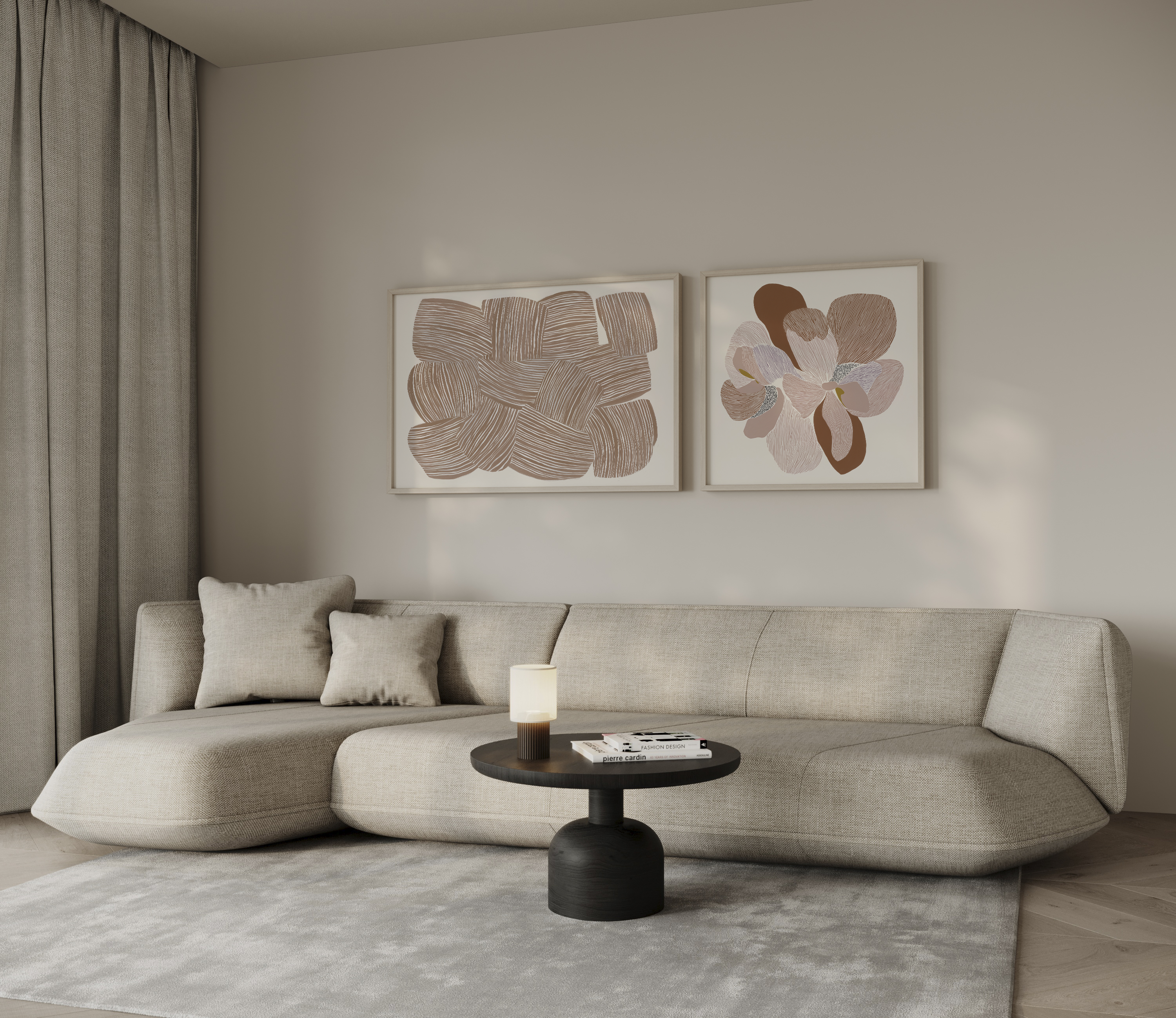 Novira סט של שתי יצירות מופשטות בגוונים טבעיים עם קווים אורגניים וטקסטורות עדינות, ממוסגרות בסלון מודרני