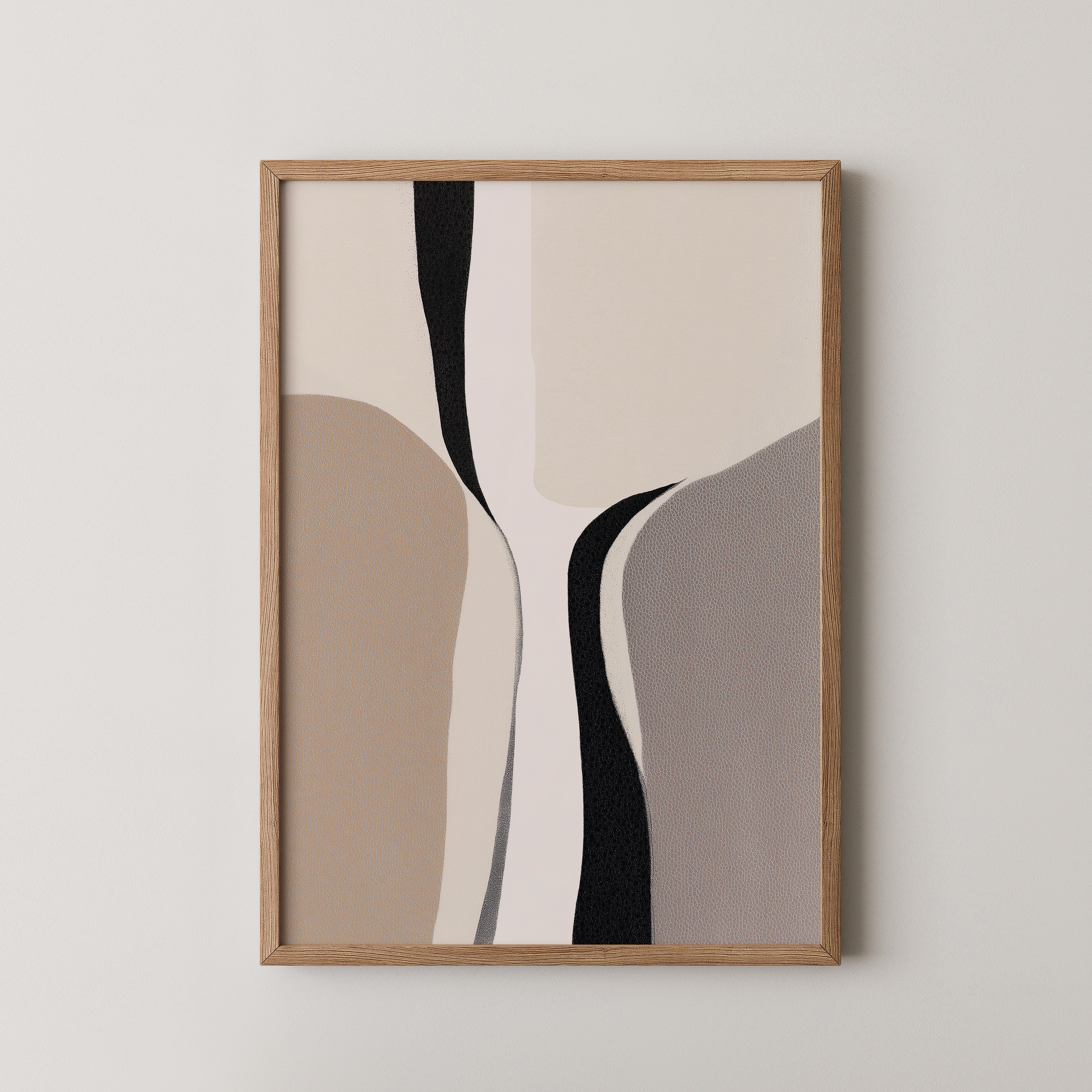 יצירת אמנות אבסטרקטית בגוונים טבעיים עם קווים שחורים זורמים במסגרת עץ