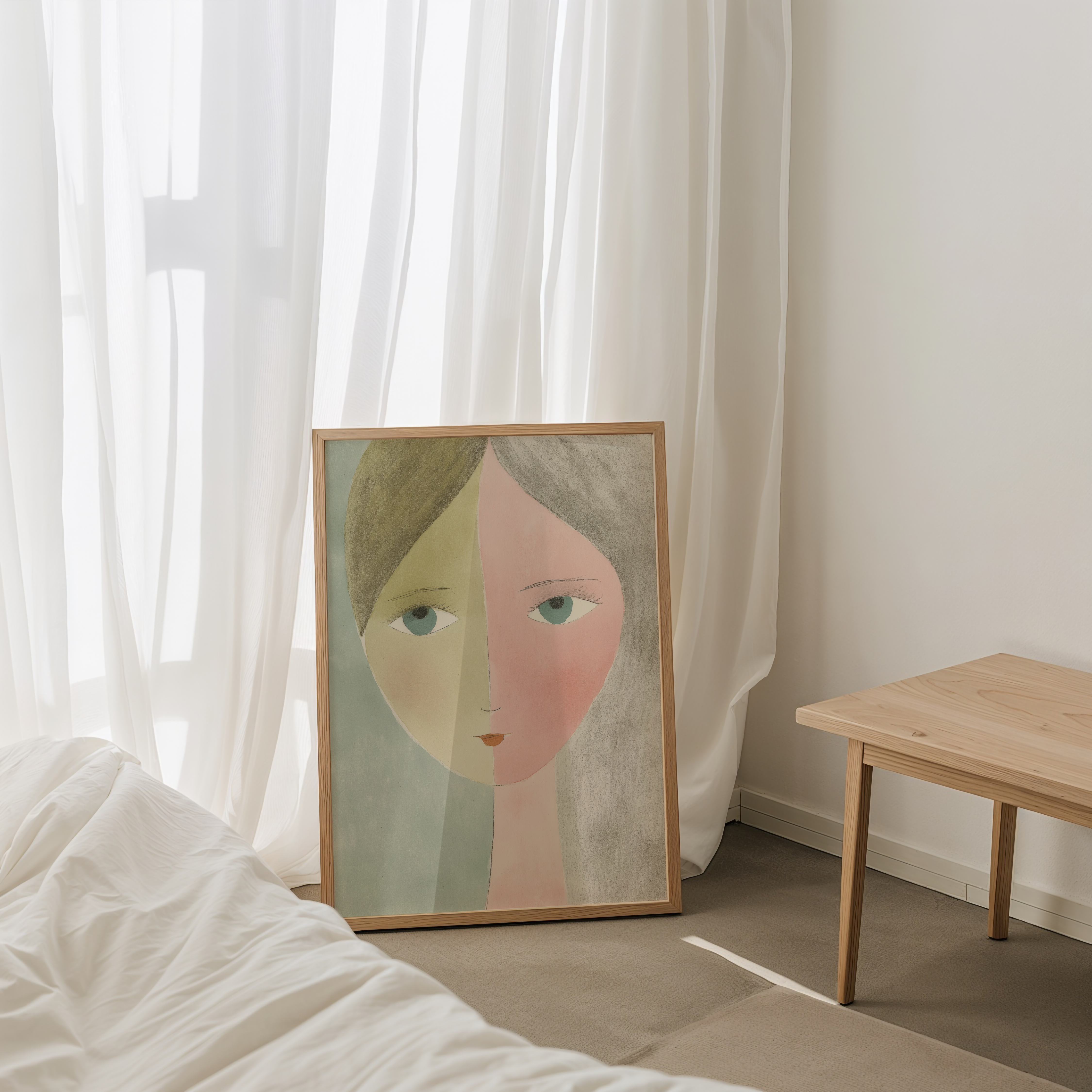 יצירת אמנות ממוסגרת Claret – דמות נשית מאוירת בקווים רכים ובפלטת צבעים רגועה, בסגנון מינימליסטי עם עומק רגשי