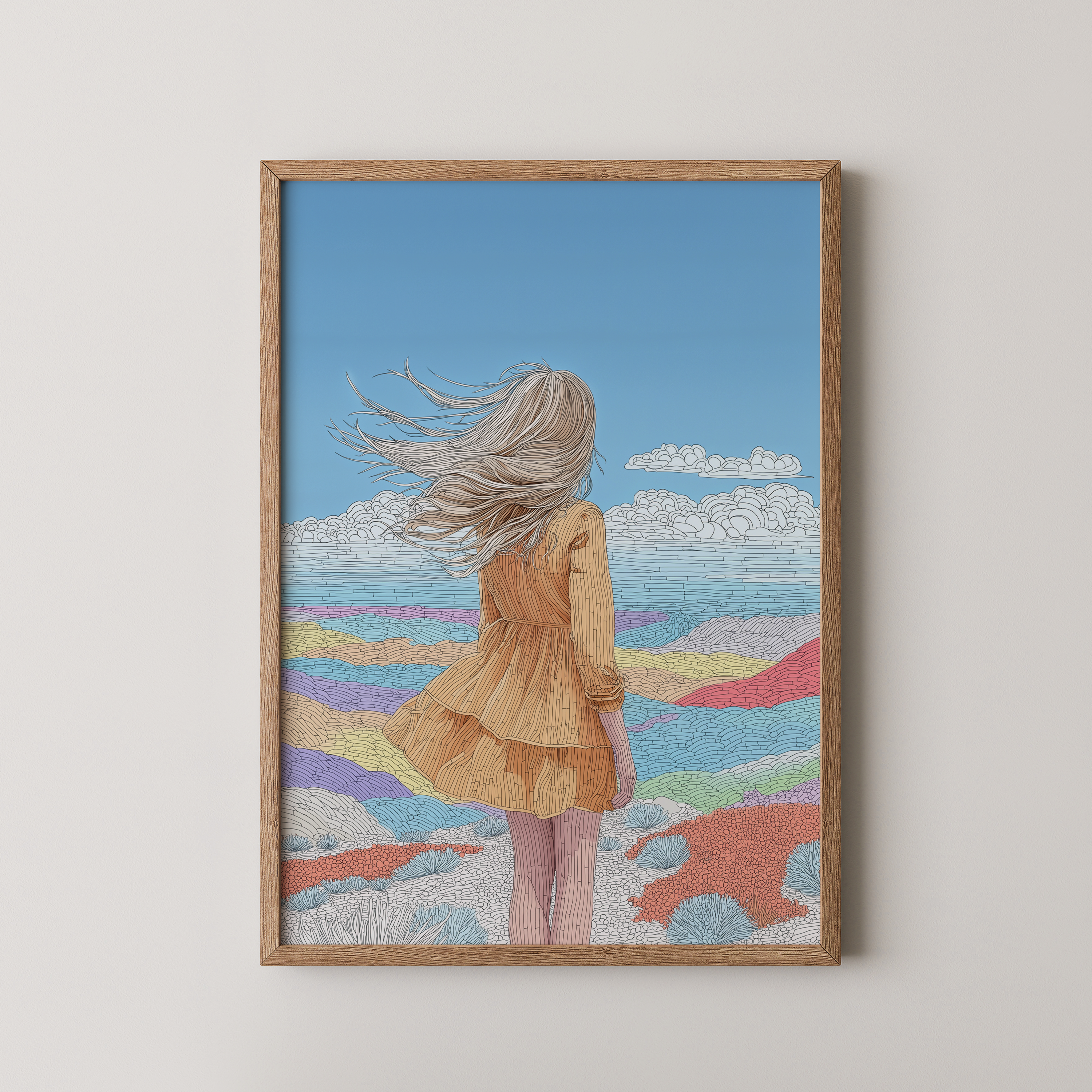 יצירה מינימליסטית של דמות נשית מול נוף פתוח בצבעי פסטל, קווים אורגניים ורוח בתנועה, במסגרת עץ טבעי בסלון מודרני