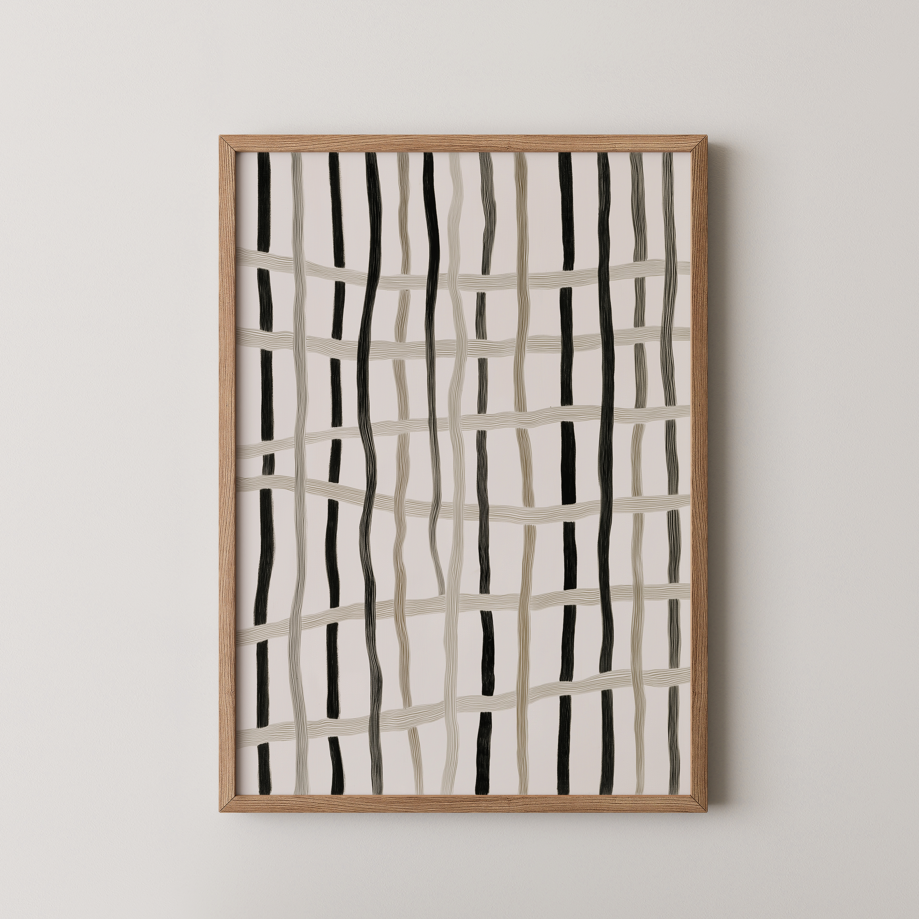 הדפס אמנותי מופשט בשם Elven עם קווים אנכיים ואופקיים בגווני שחור ואבן, במסגרת עץ, בסגנון מינימליסטי טבעי.