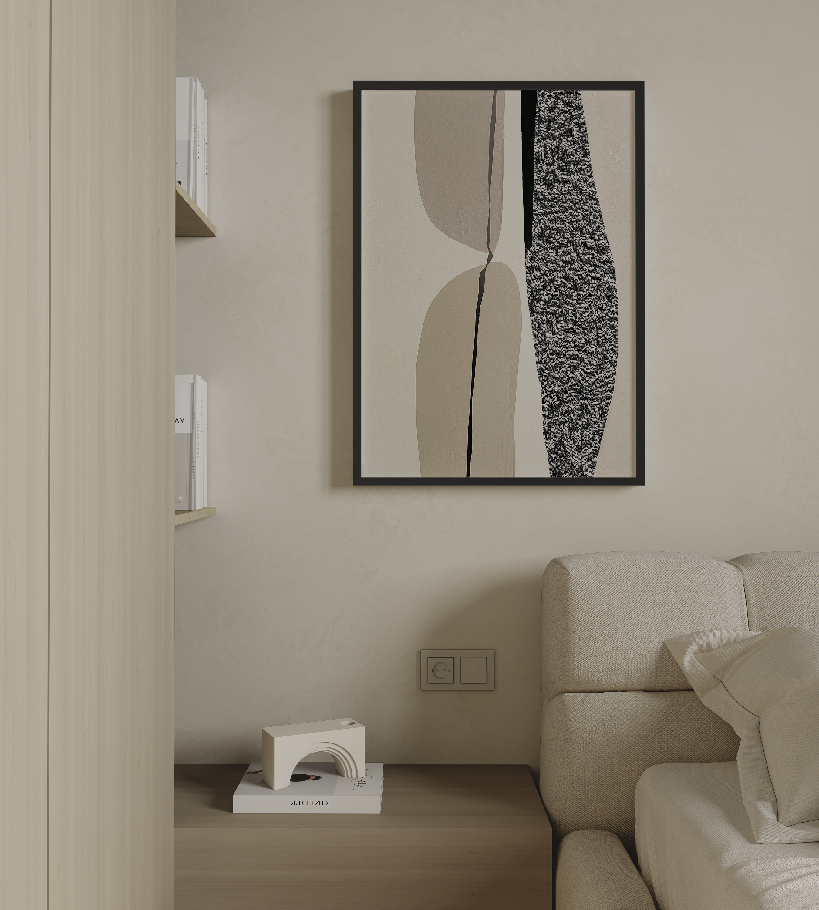 יצירת אמנות מופשטת ממוסגרת בגווני שמנת ובז' עם קווים שחורים וקומפוזיציה מינימליסטית מודרנית