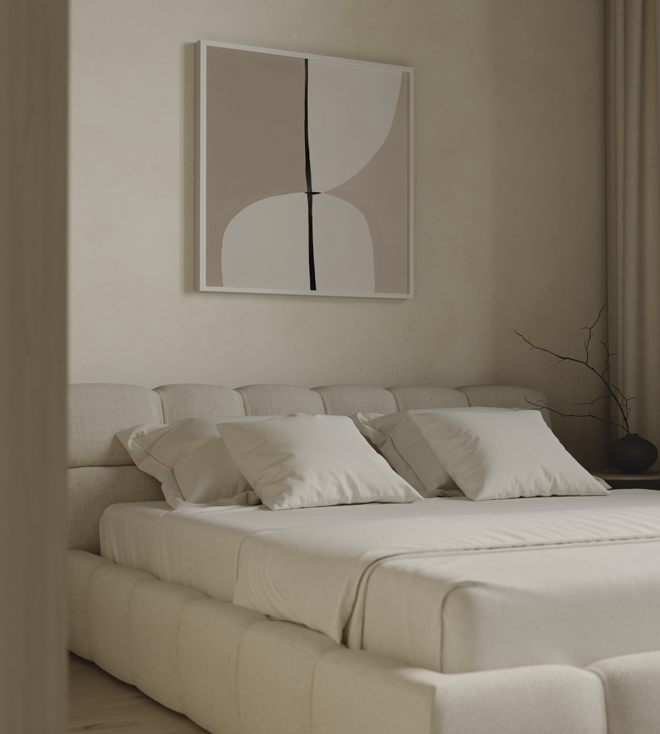 יצירת קיר מופשטת מינימליסטית בגווני בז’ עם צורות אורגניות וקו אנכי שחור במרכז