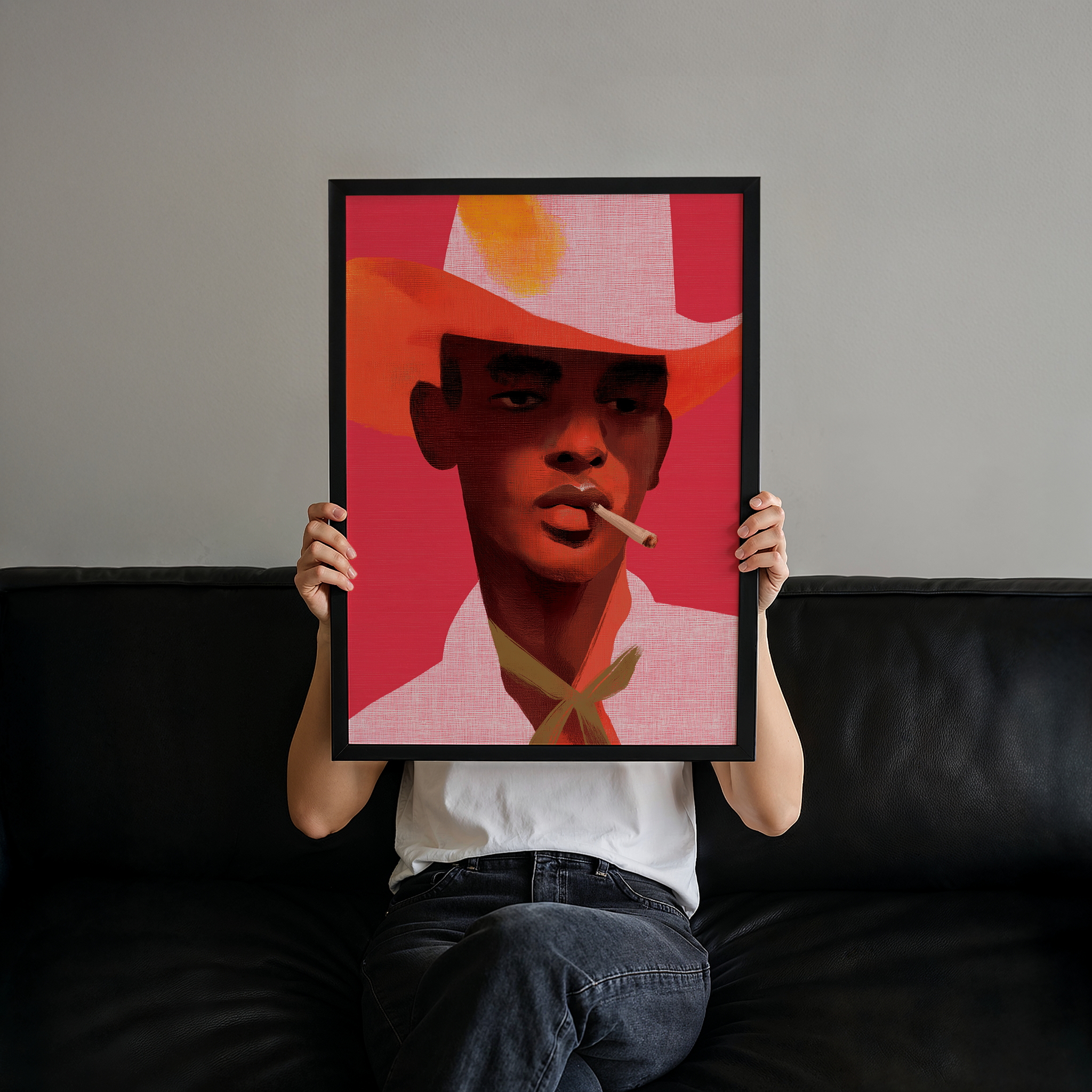 יצירה ממוסגרת Leon – דמות גברית עם כובע וסיגריה בגווני אדום וורוד, אמנות מודרנית עם נוכחות ועומק לחלל