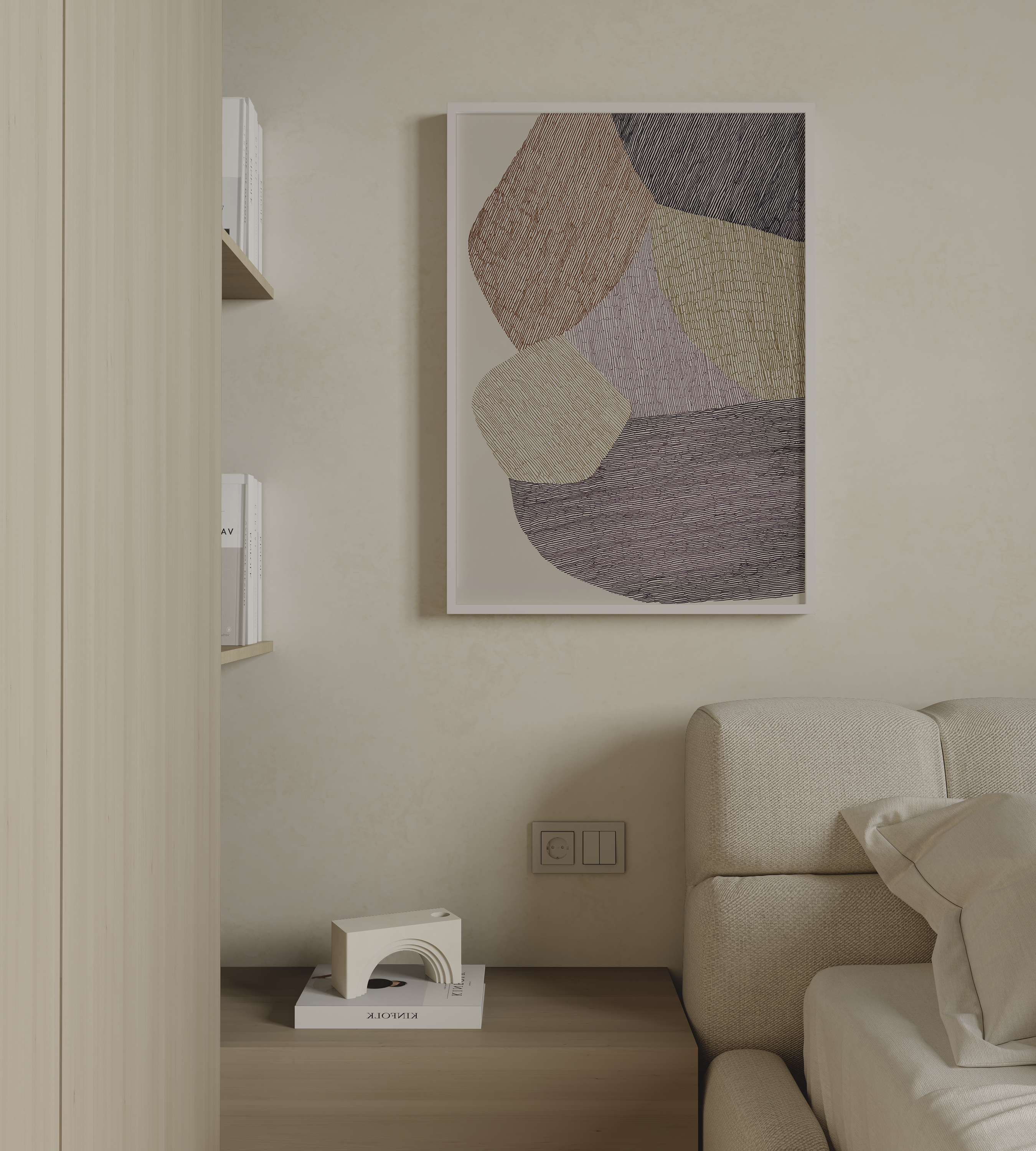 יצירת אמנות מופשטת Arden בגווני אדמה עם צורות אורגניות וטקסטורות קוויות במסגרת עץ טבעי