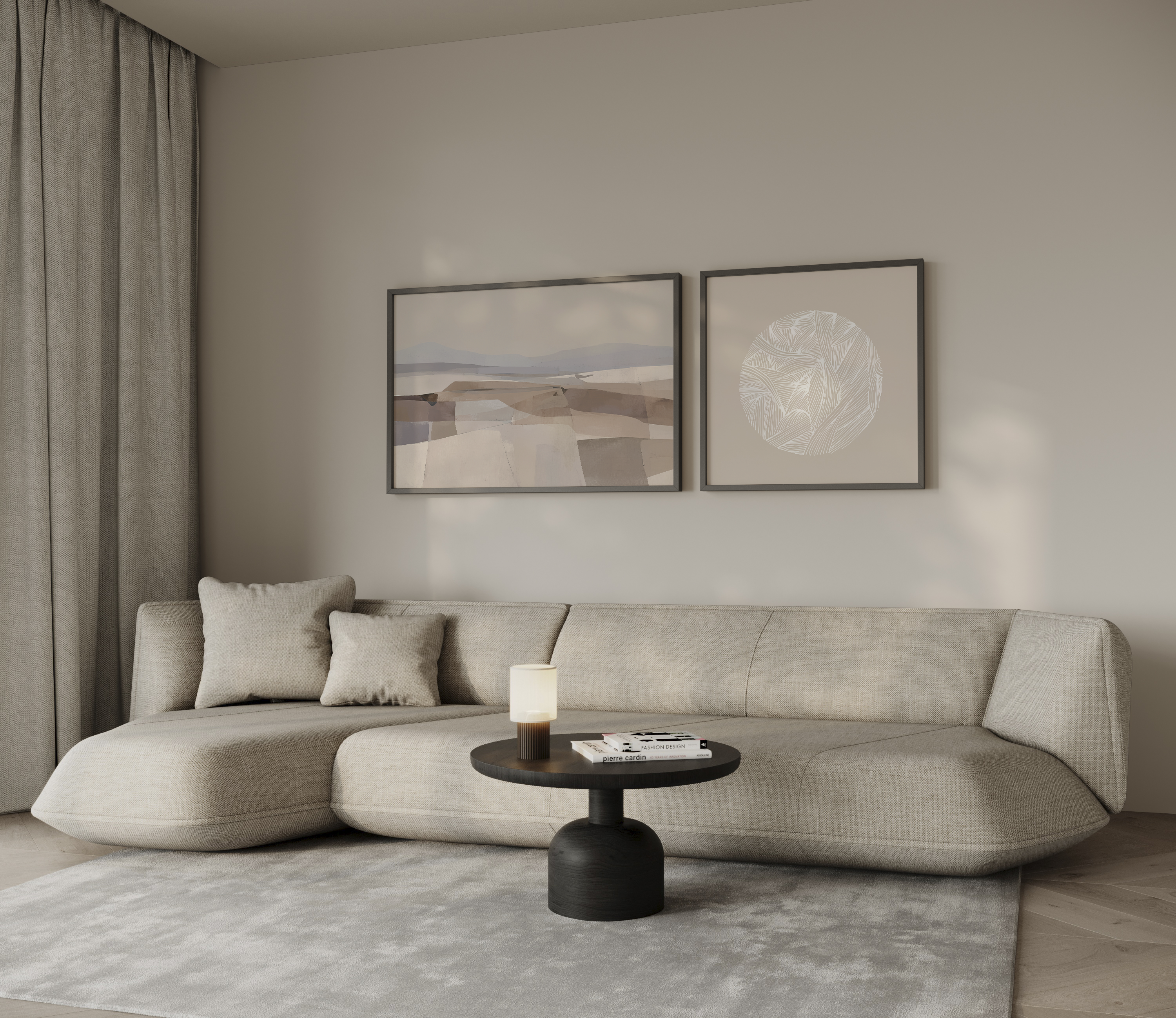 סט אמנות ממוסגרת בסגנון מינימליסטי בגווני מדבר, כולל נוף גאומטרי וקומפוזיציה עגולה לבנה, במסגרת עץ אלון.