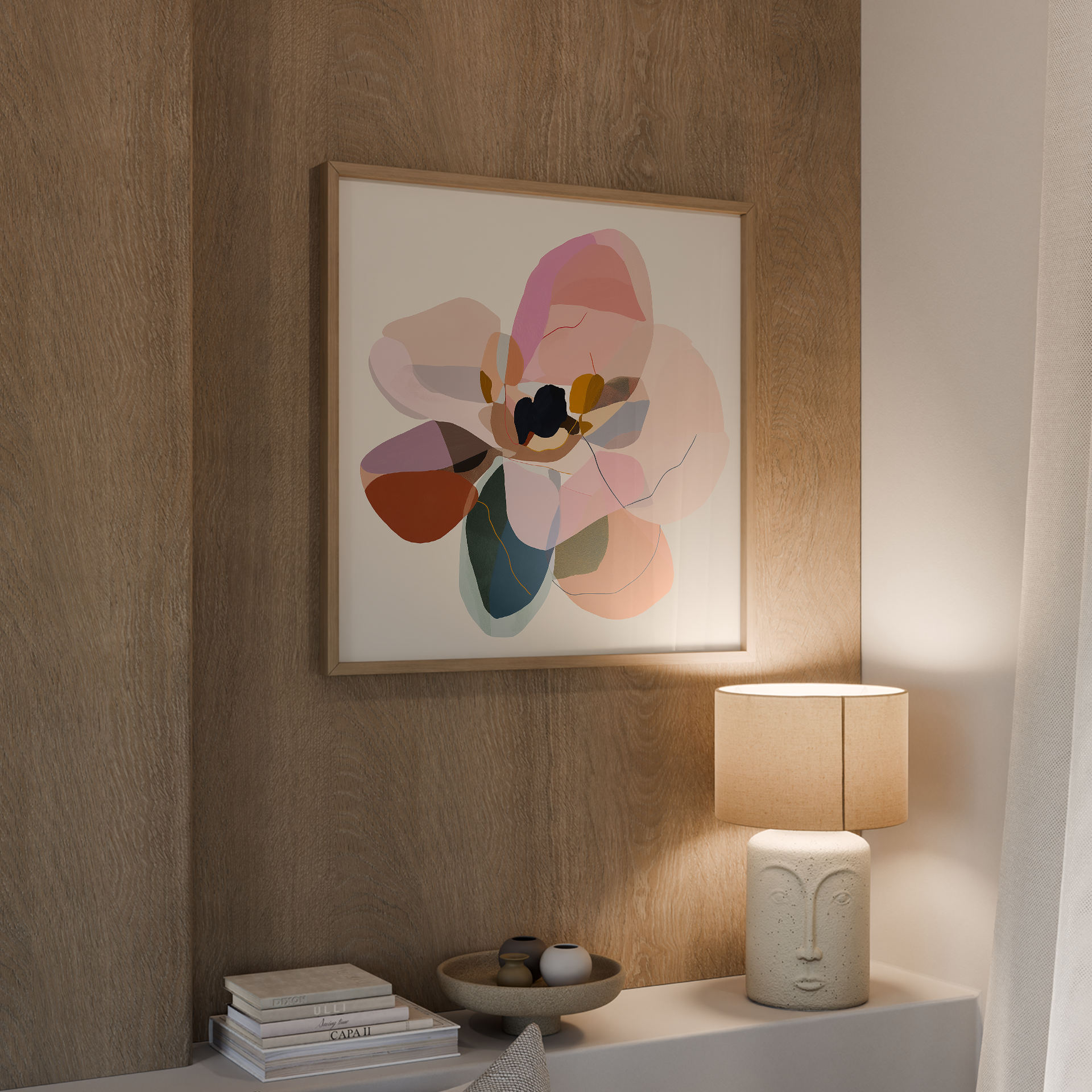 יצירה מופשטת Seren בגוונים רכים עם שכבות צבע וקווים עדינים, תלויה בחלל מודרני ומינימליסטי