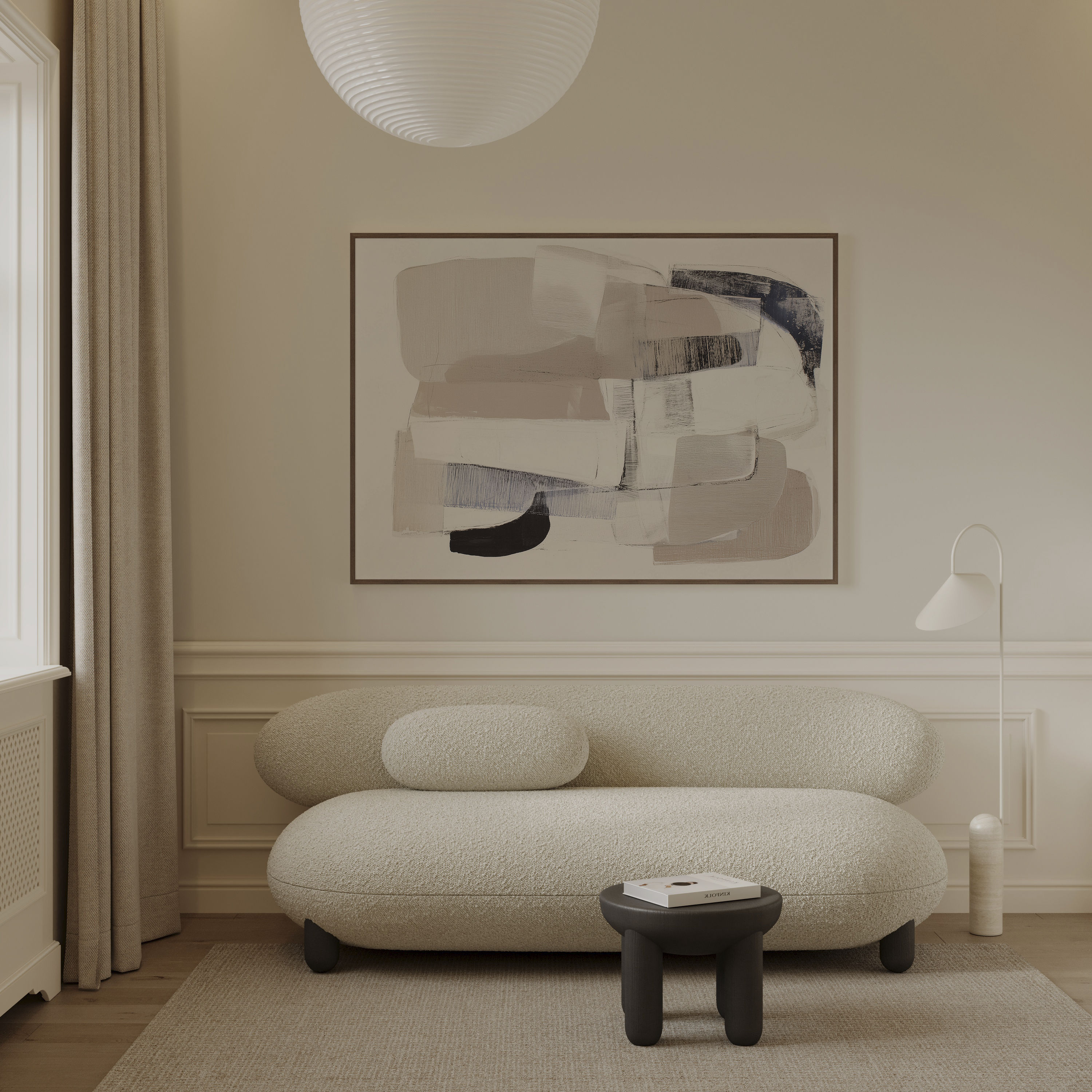 יצירת אמנות אבסטרקטית מינימליסטית בגוונים טבעיים עם שכבות רכות וטקסטורה עדינה במסגרת עץ בהירה