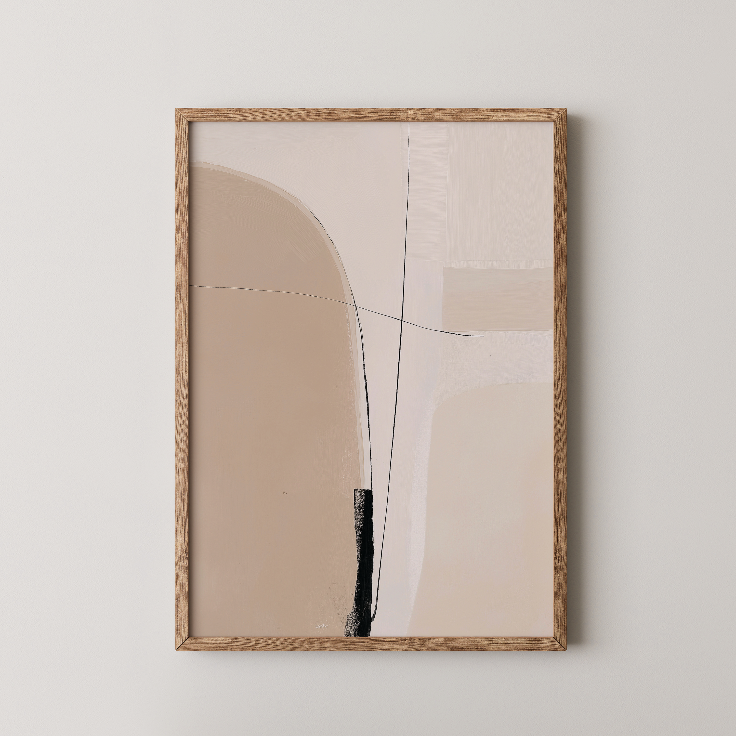 יצירת אמנות אבסטרקטית מינימליסטית בגוונים טבעיים במסגרת עץ בהירה