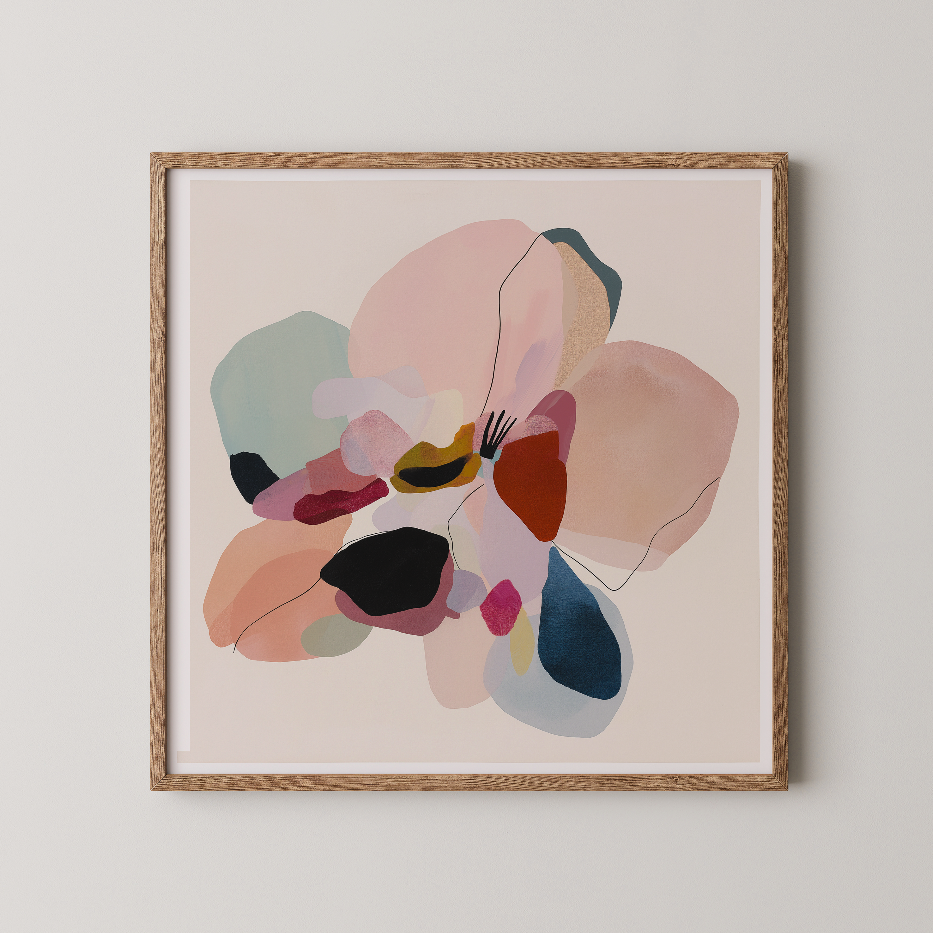 יצירה מופשטת בשם Sora בגוונים רכים עם צורות אורגניות וקווים עדינים, ממוסגרת ותלויה בחלל מודרני.