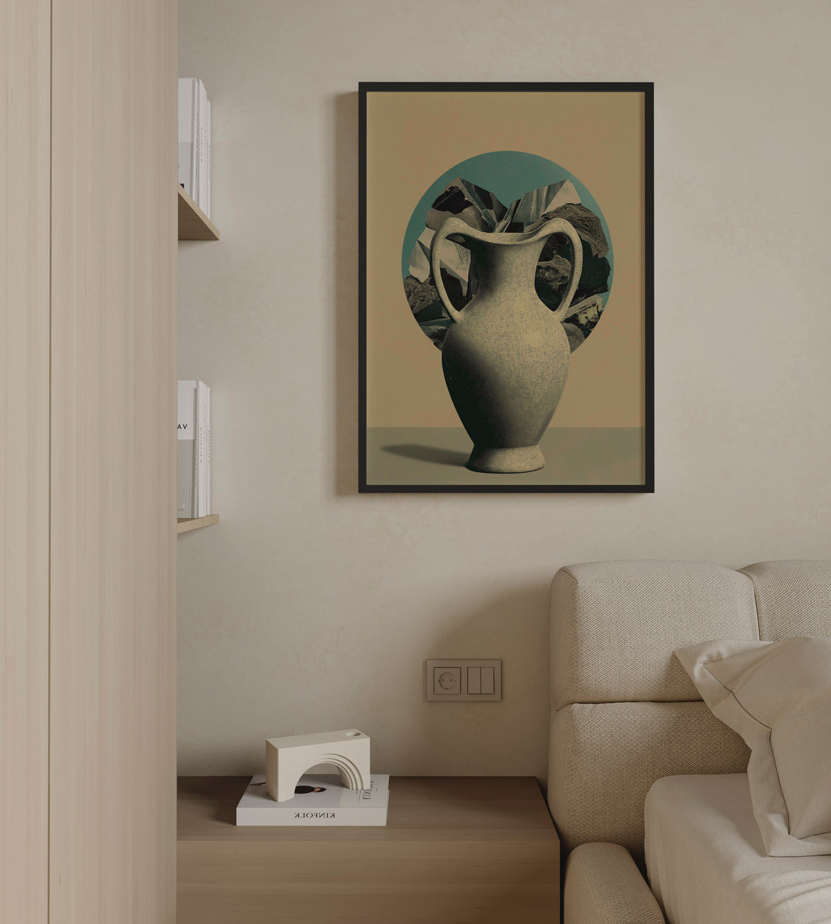 OBJECT NO. 01 - הדפס קולאז' של כד חרסינה עם שברי סלע על רקע מדליון טורקיז, מאת דניאל ברלוט