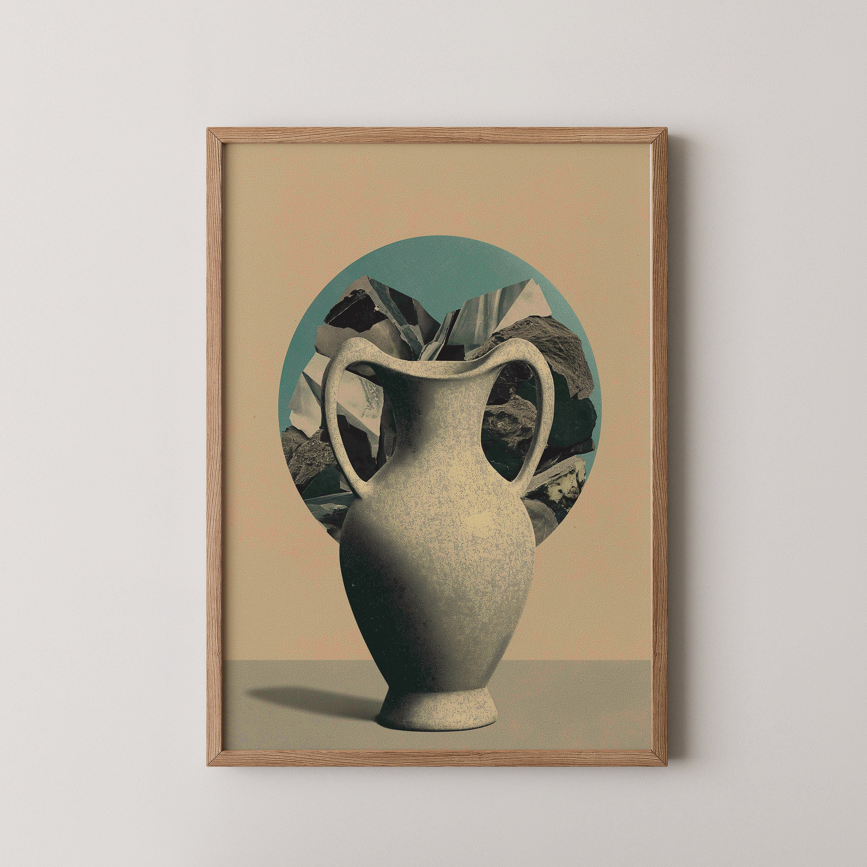 OBJECT NO. 01 - הדפס קולאז' של כד חרסינה עם שברי סלע על רקע מדליון טורקיז, מאת דניאל ברלוט