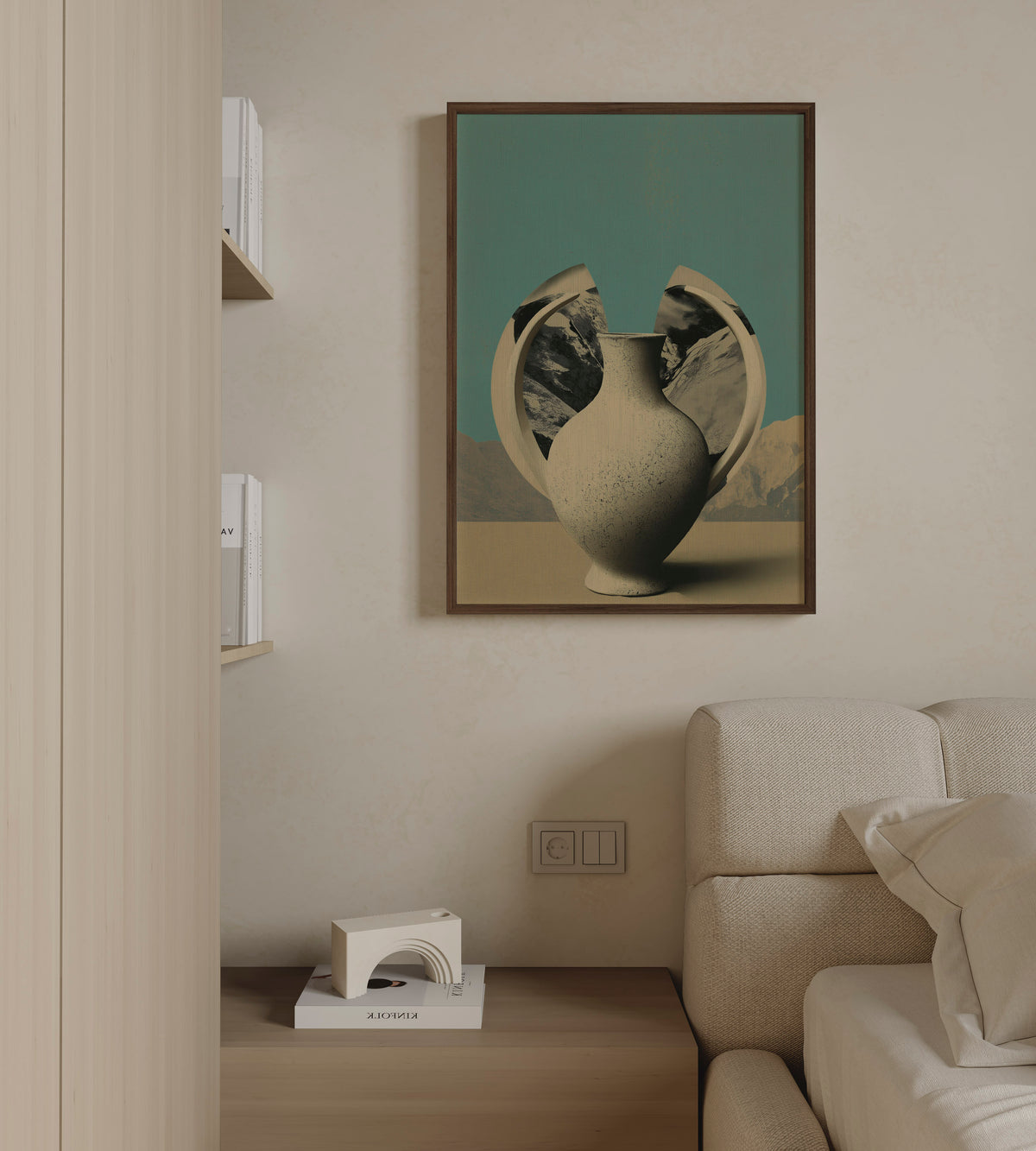 OBJECT NO. 02 - הדפס כד חרס שבור עם נוף הרים על רקע טורקיז, מאת דניאל ברלוט