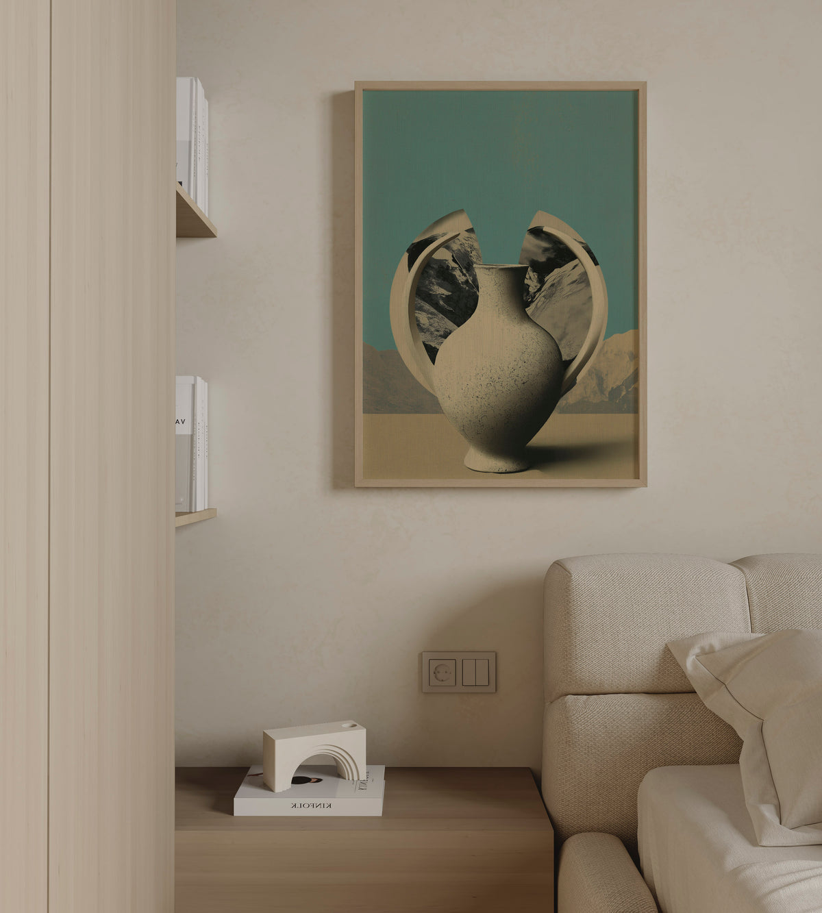 OBJECT NO. 02 - הדפס כד חרס שבור עם נוף הרים על רקע טורקיז, מאת דניאל ברלוט