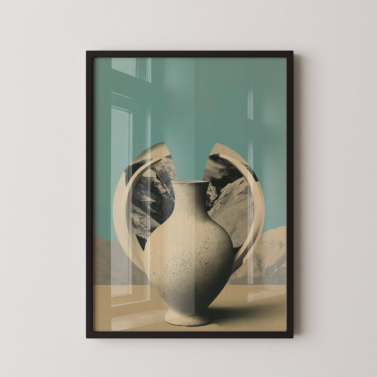 OBJECT NO. 02 - הדפס כד חרס שבור עם נוף הרים על רקע טורקיז, מאת דניאל ברלוט
