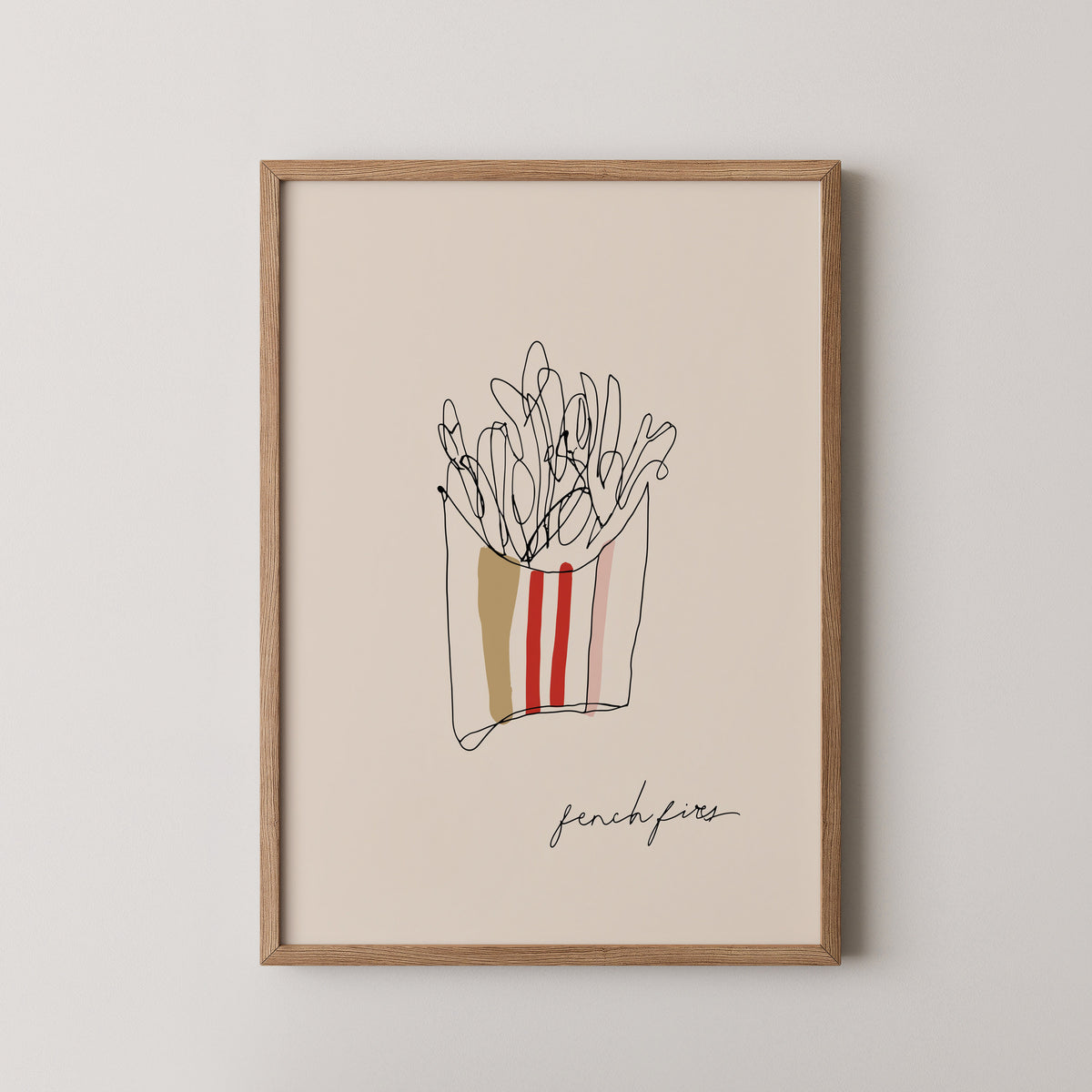 FRY DAY - הדפס ליין ארט של שקית צ'יפס בגווני חאקי ואדום, מסגרת עץ