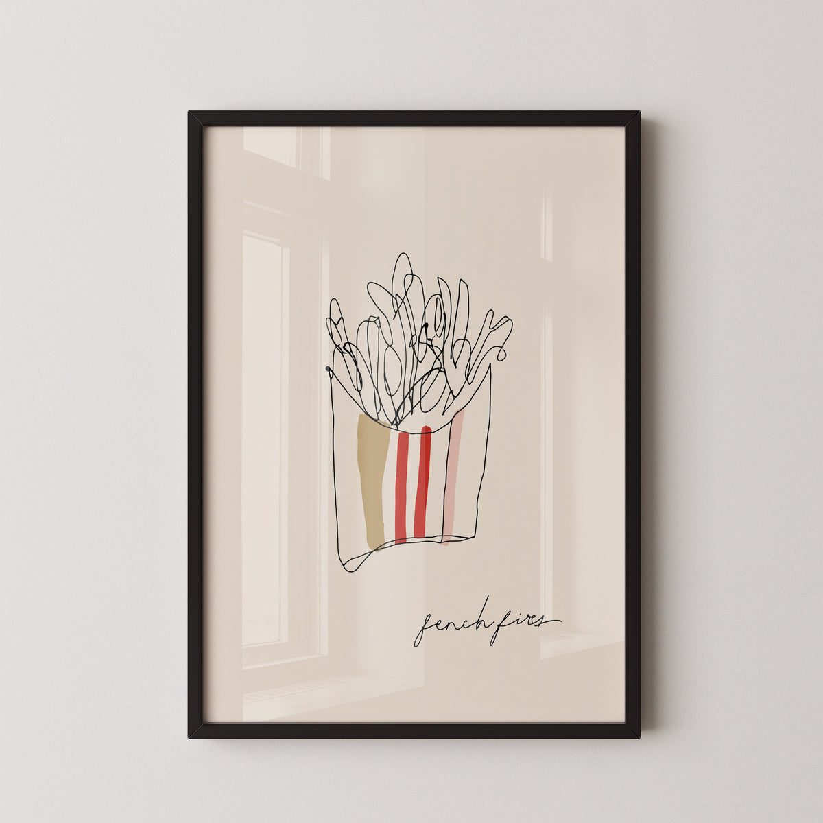 FRY DAY - הדפס ליין ארט של שקית צ'יפס בגווני חאקי ואדום, מסגרת עץ