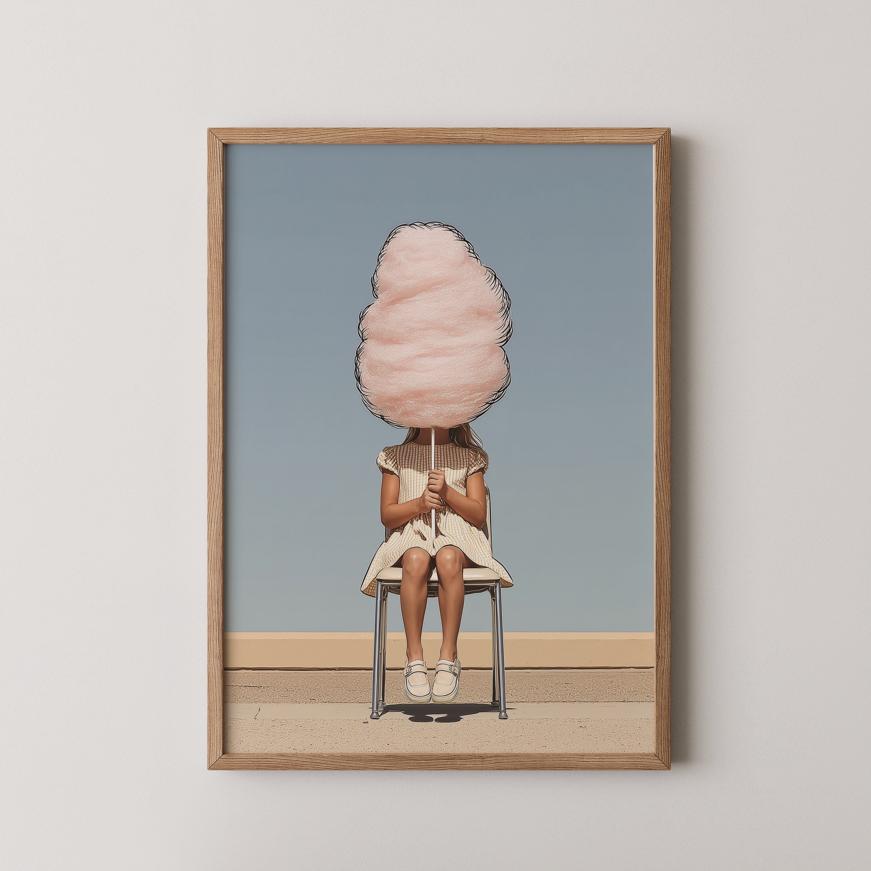 Rosie Cloud by Danielle Berlot – fine art photograph of girl holding pink cotton candy in oak frame
