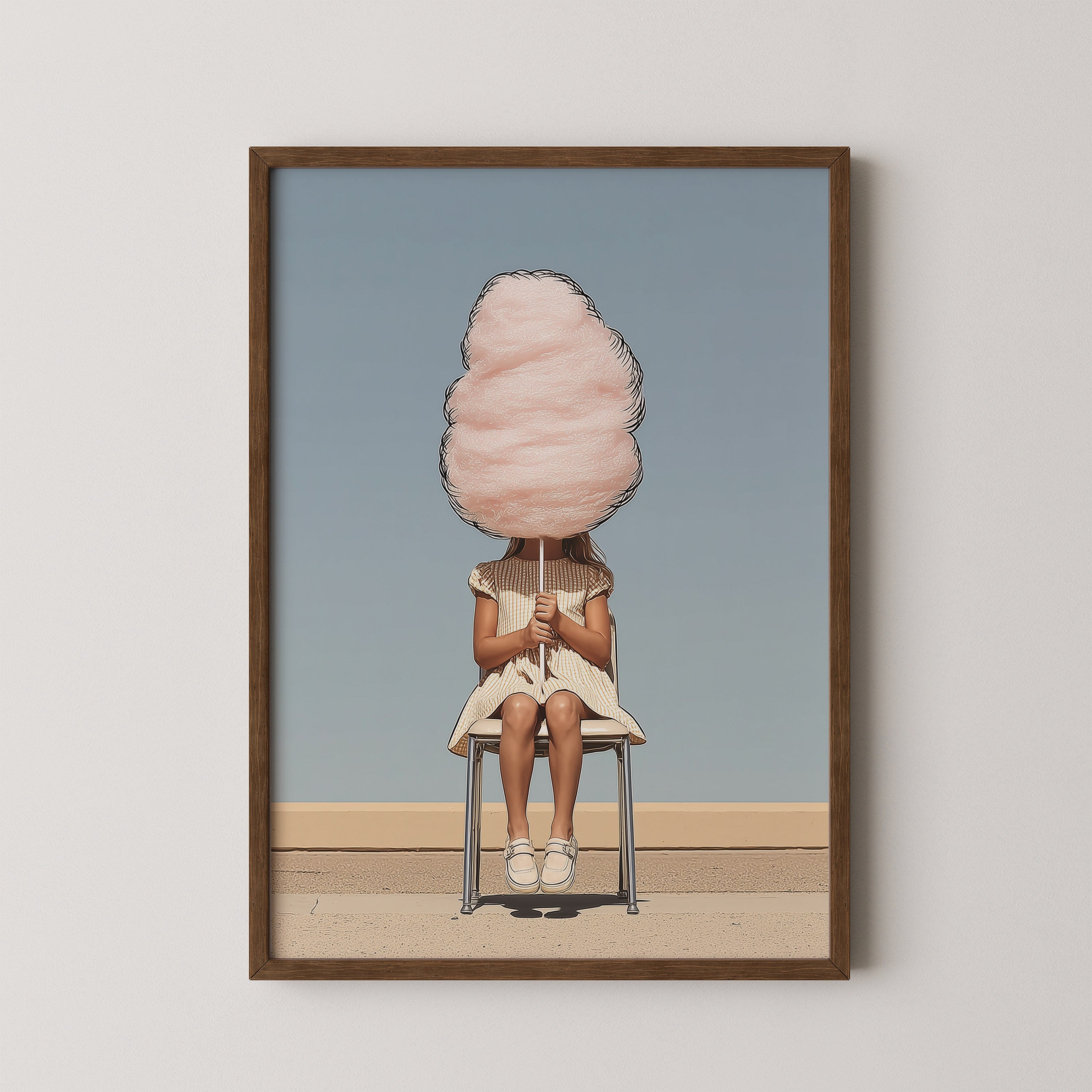 Rosie Cloud by Danielle Berlot – fine art photograph of girl holding pink cotton candy in oak frame