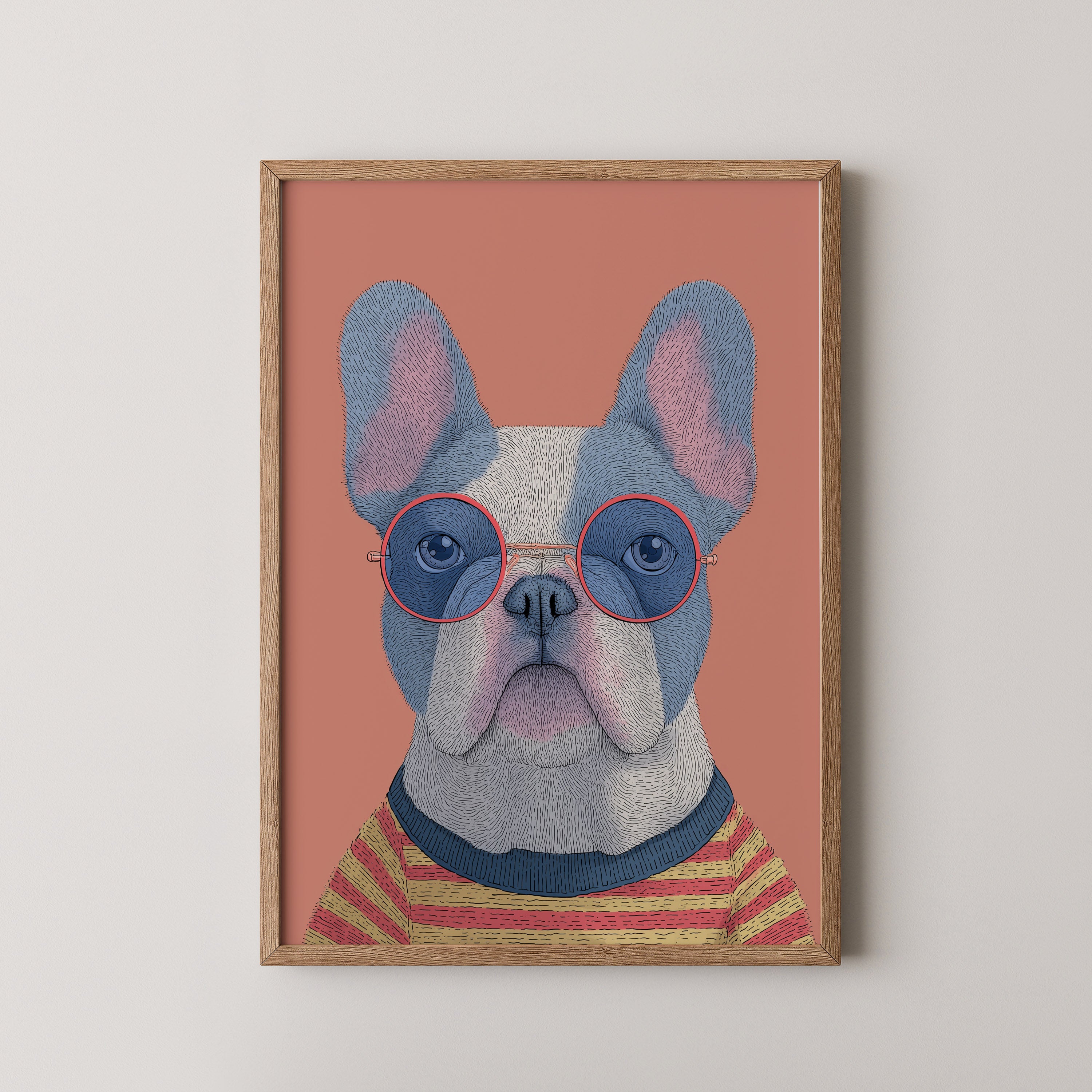 Remy by Danielle Berlot – colorful French Bulldog illustration with round glasses in oak frame