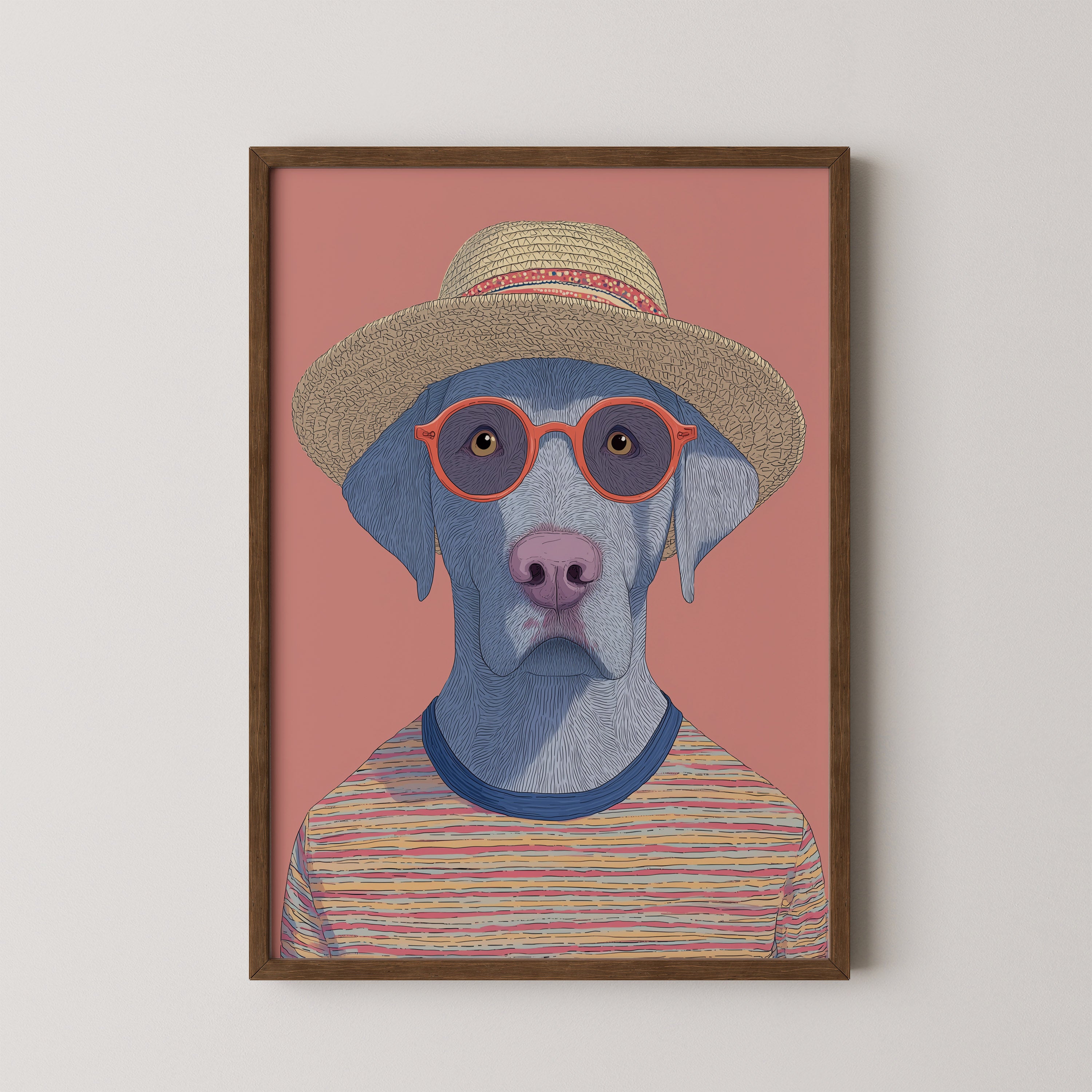 Archie by Danielle Berlot – colorful dog illustration with hat and glasses in oak frame