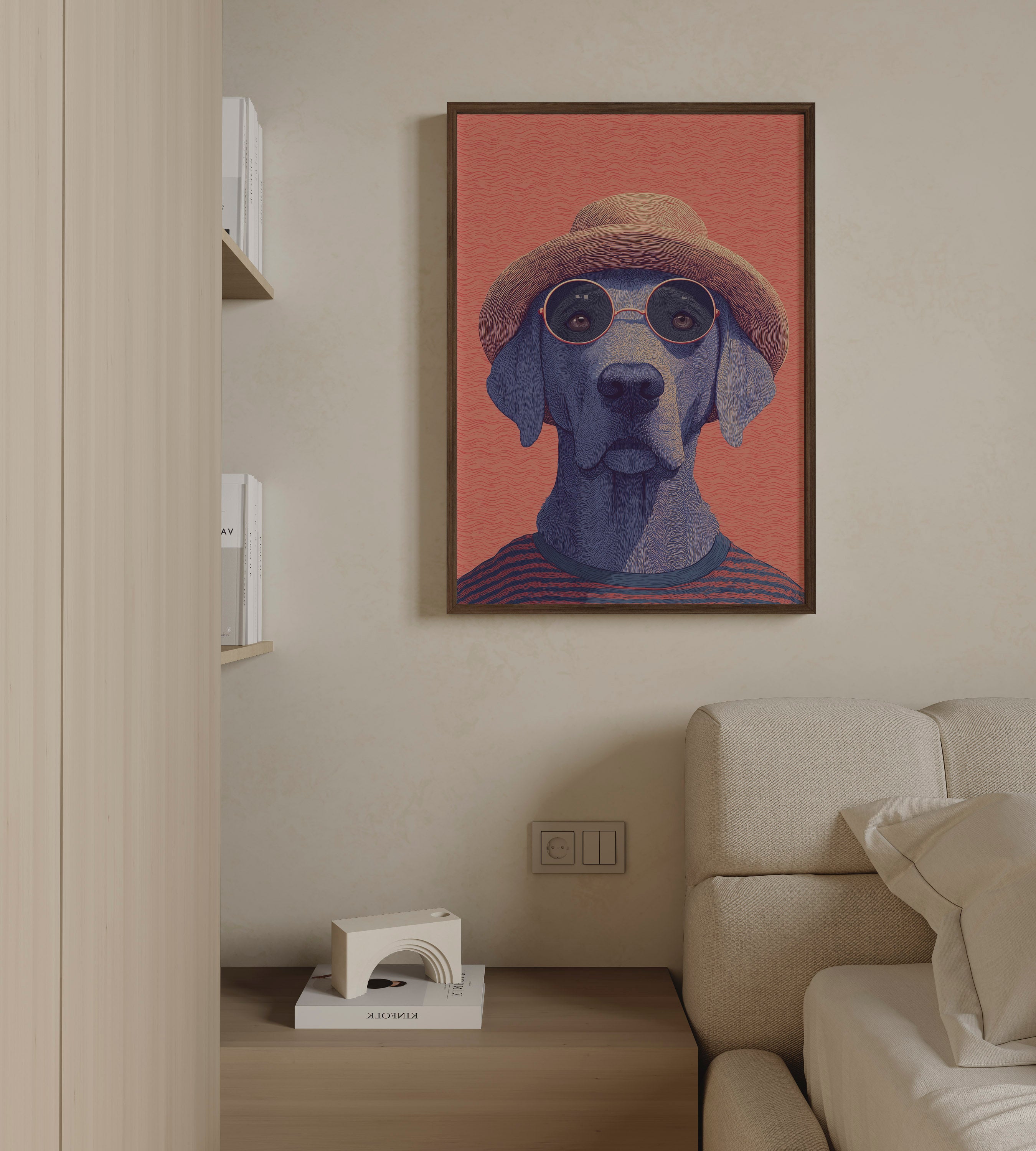 Benny by Danielle Berlot – colorful dog illustration with hat and round glasses in oak frame