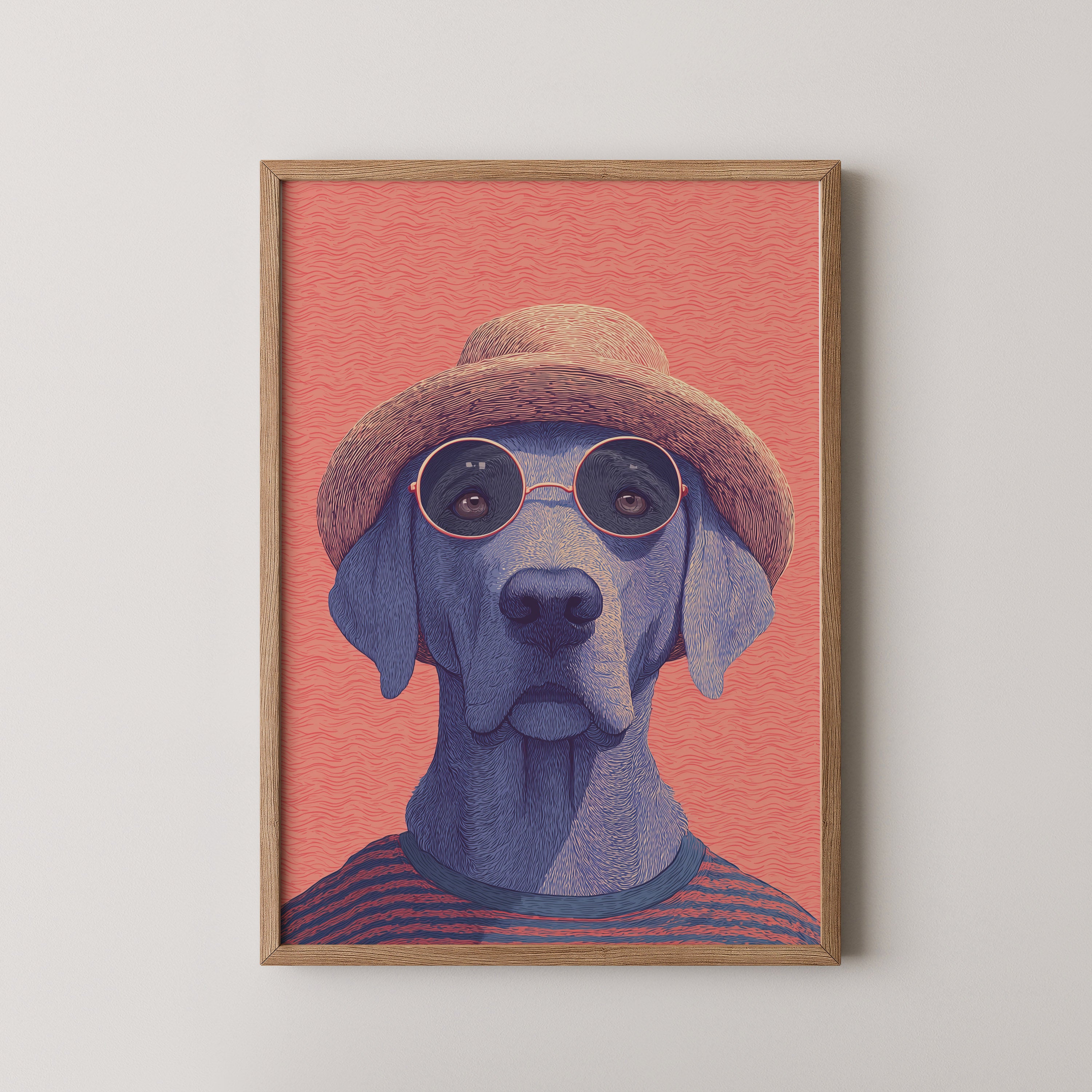 Benny by Danielle Berlot – colorful dog illustration with hat and round glasses in oak frame