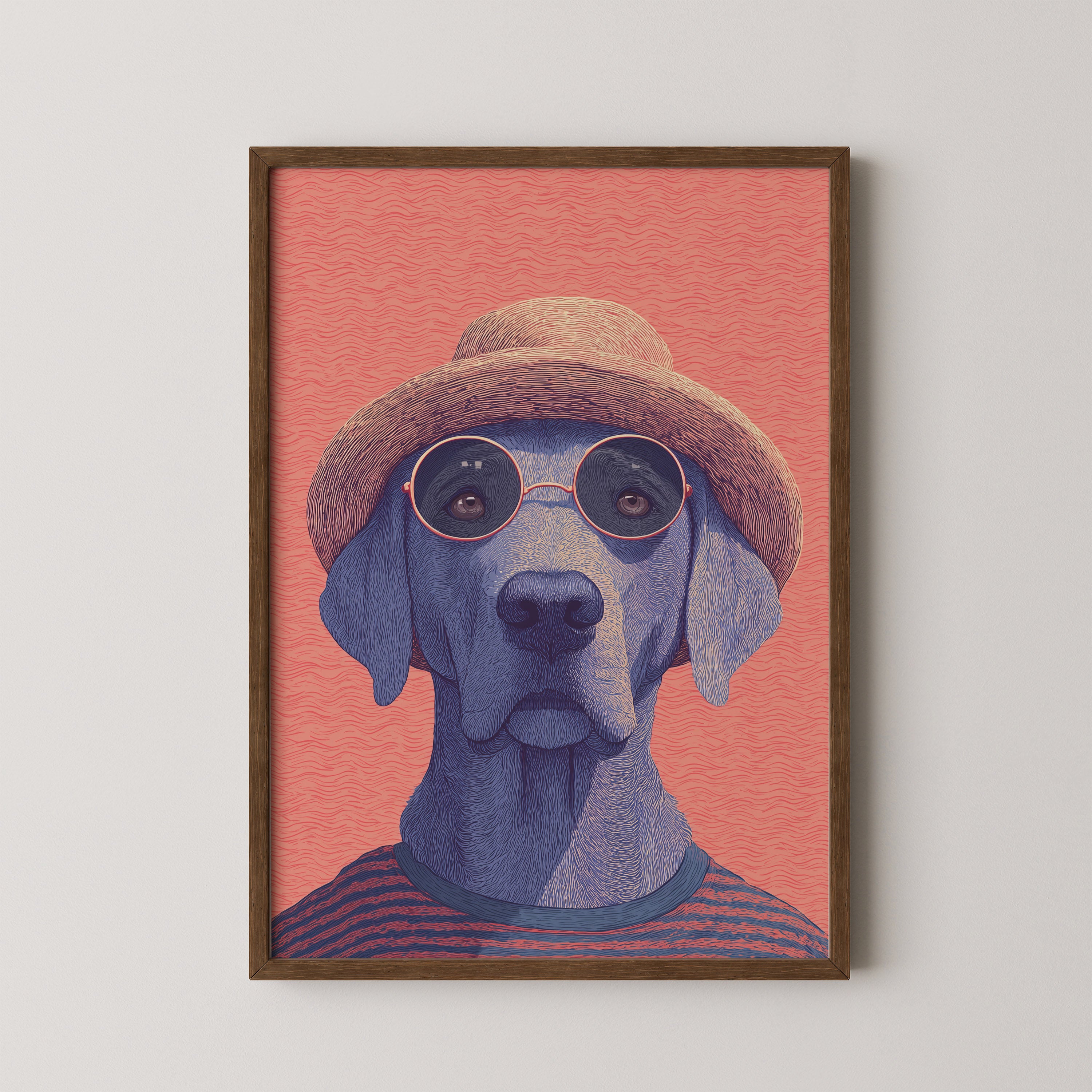 Benny by Danielle Berlot – colorful dog illustration with hat and round glasses in oak frame