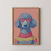 Ollie by Danielle Berlot – colorful poodle illustration with pink glasses and striped sweater in oak frame