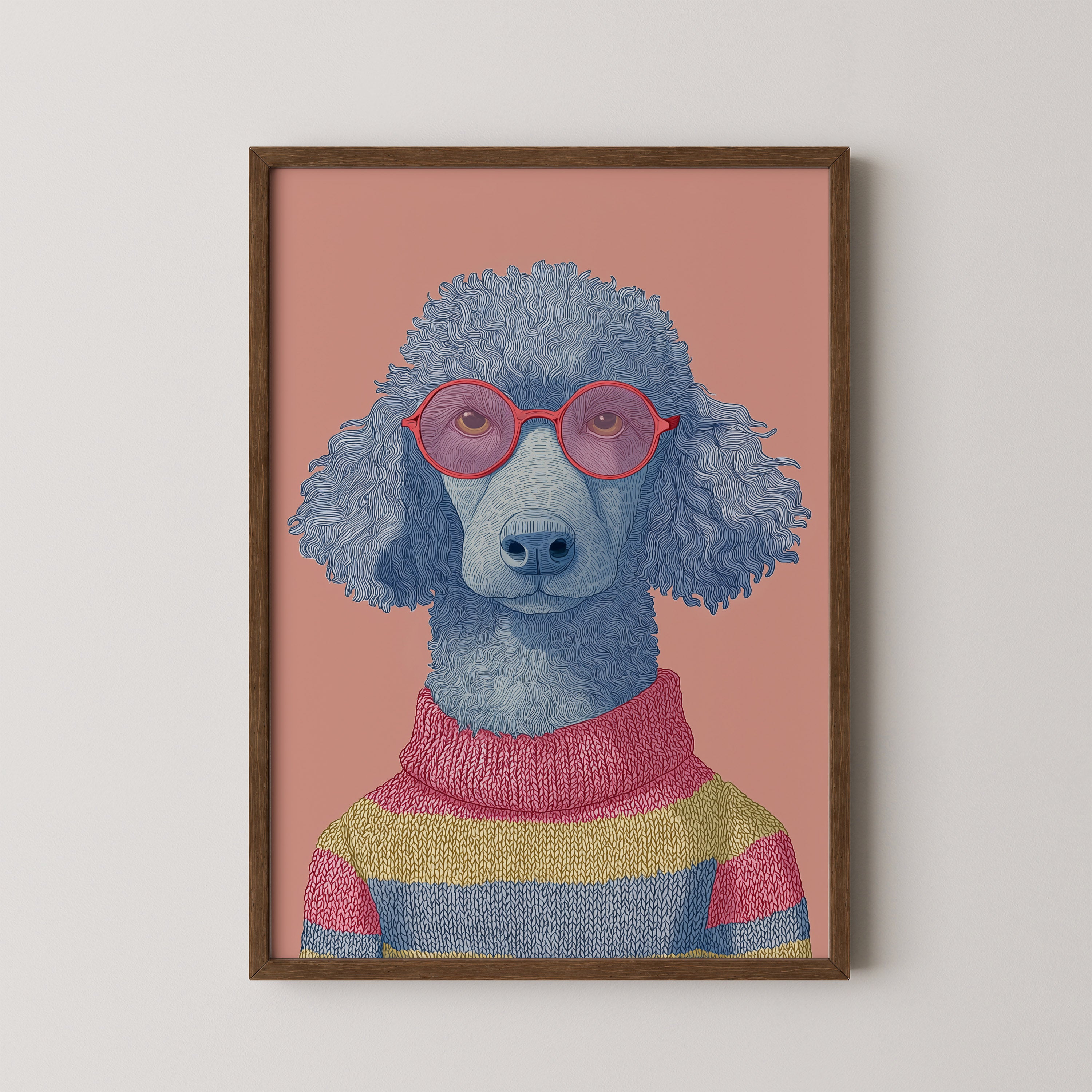 Ollie by Danielle Berlot – colorful poodle illustration with pink glasses and striped sweater in oak frame
