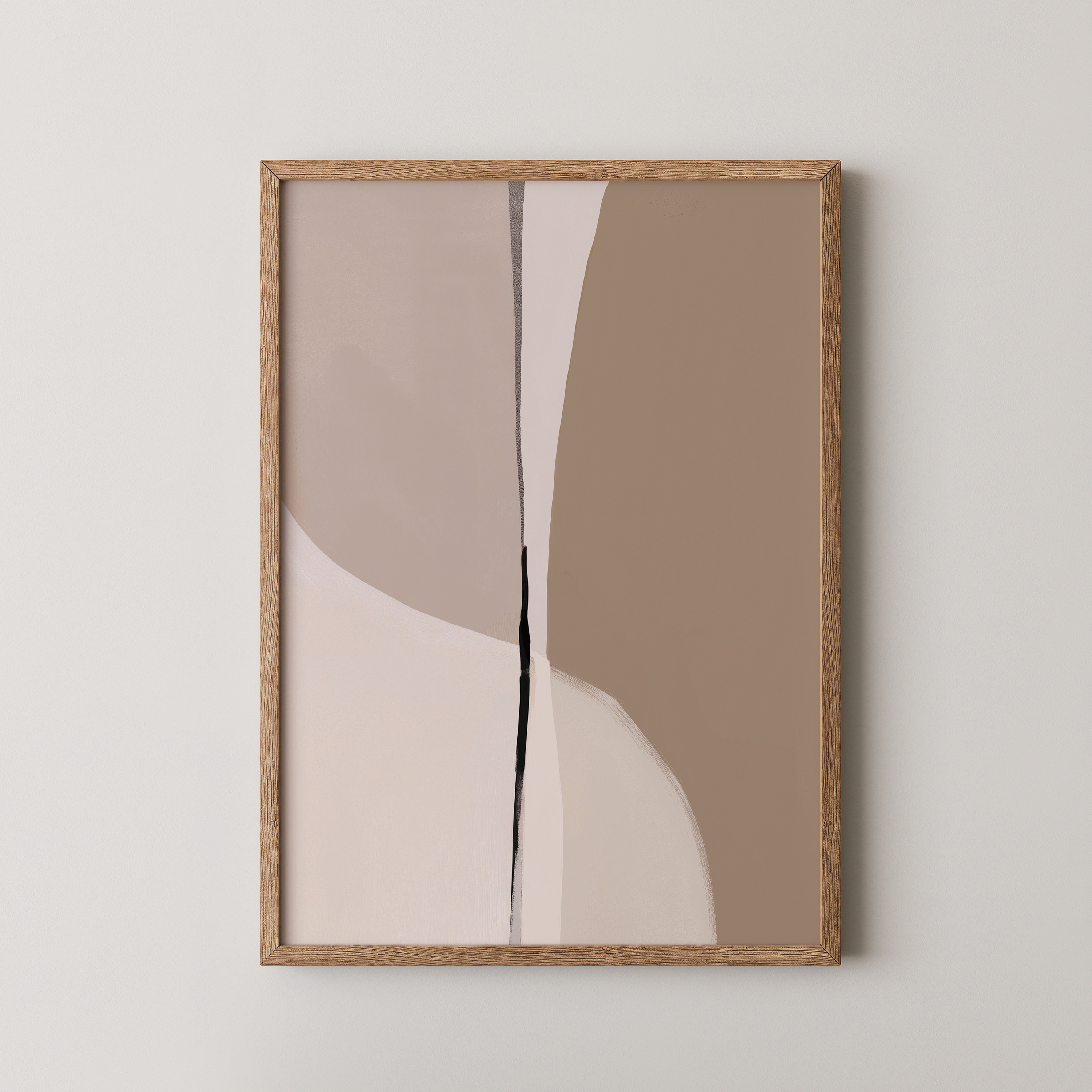 יצירת אמנות אבסטרקטית מינימליסטית בגוונים טבעיים עם קו אנכי עדין במסגרת עץ