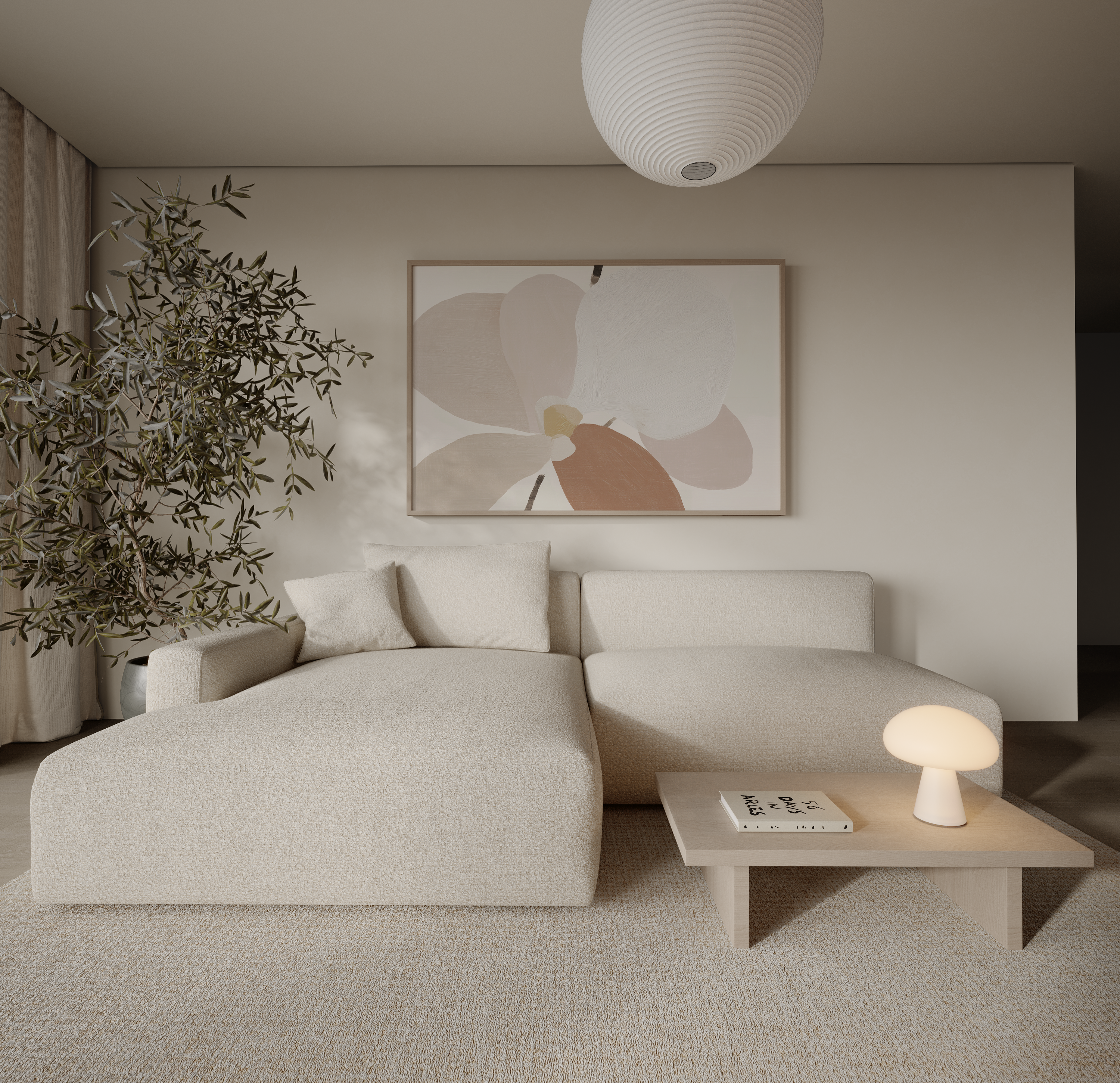 יצירת פרח מינימליסטית בגוונים טבעיים במסגרת עץ, תלויה מעל ספה בהירה בסלון מודרני